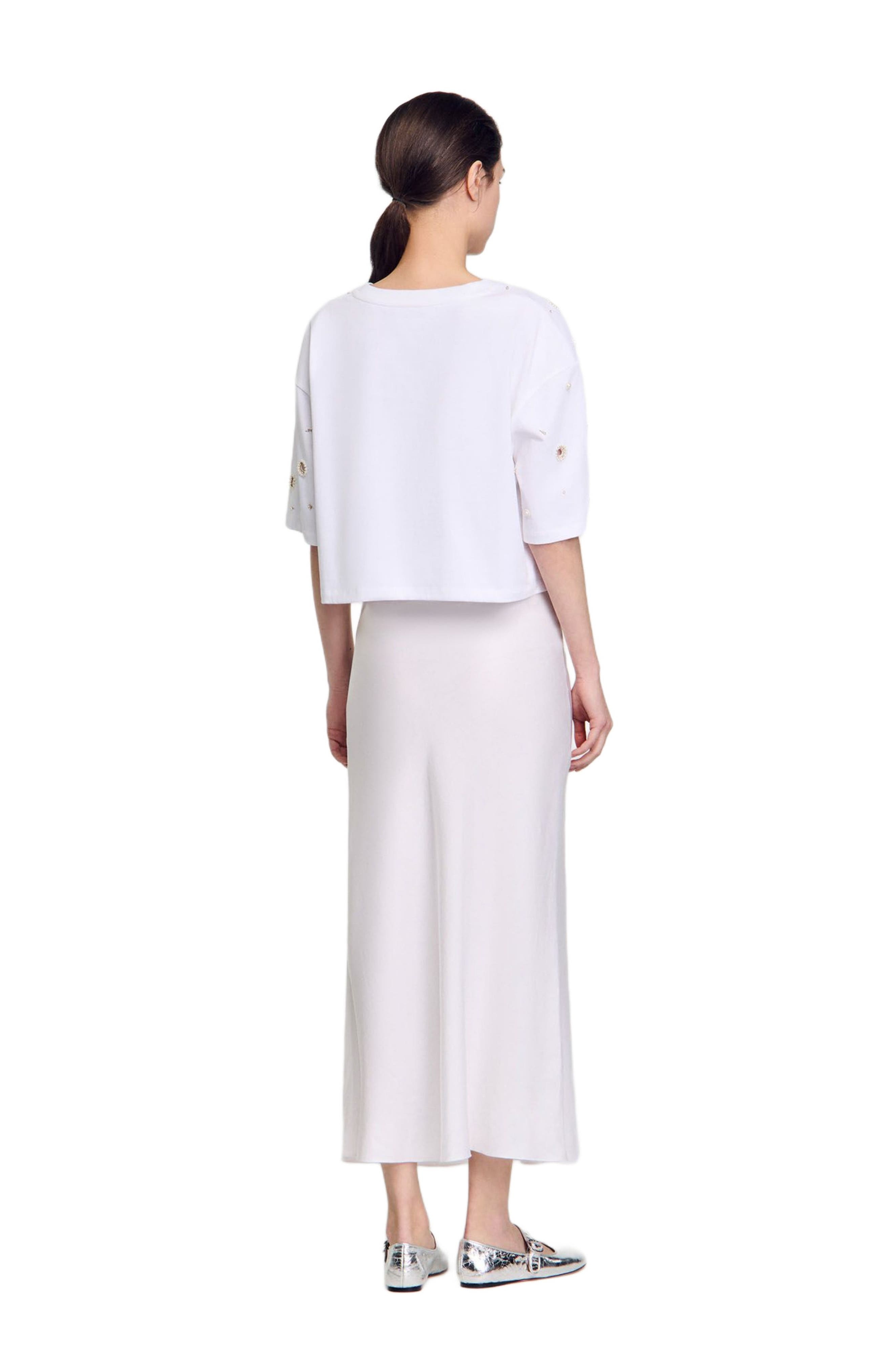 SANDRO Cropped pearl bead T-shirt in White at Nordstrom - 2