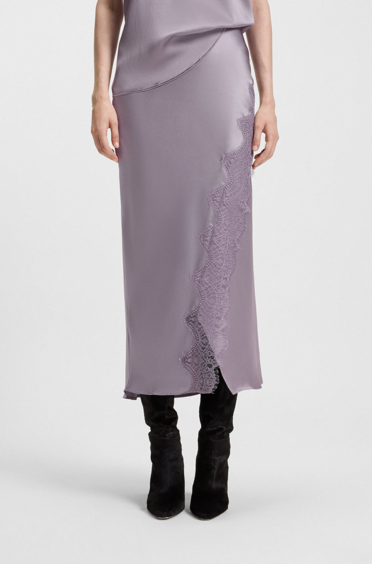 WRAP-STYLE MAXI SKIRT IN SATIN WITH LACE TRIM - 2