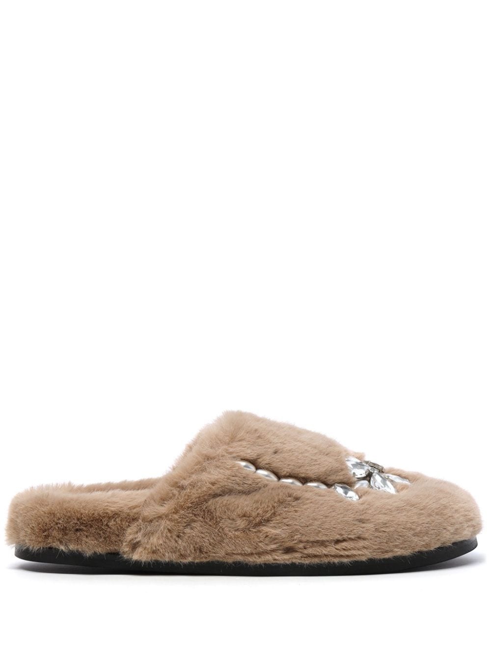 crystal-embellished faux fur slippers - 1