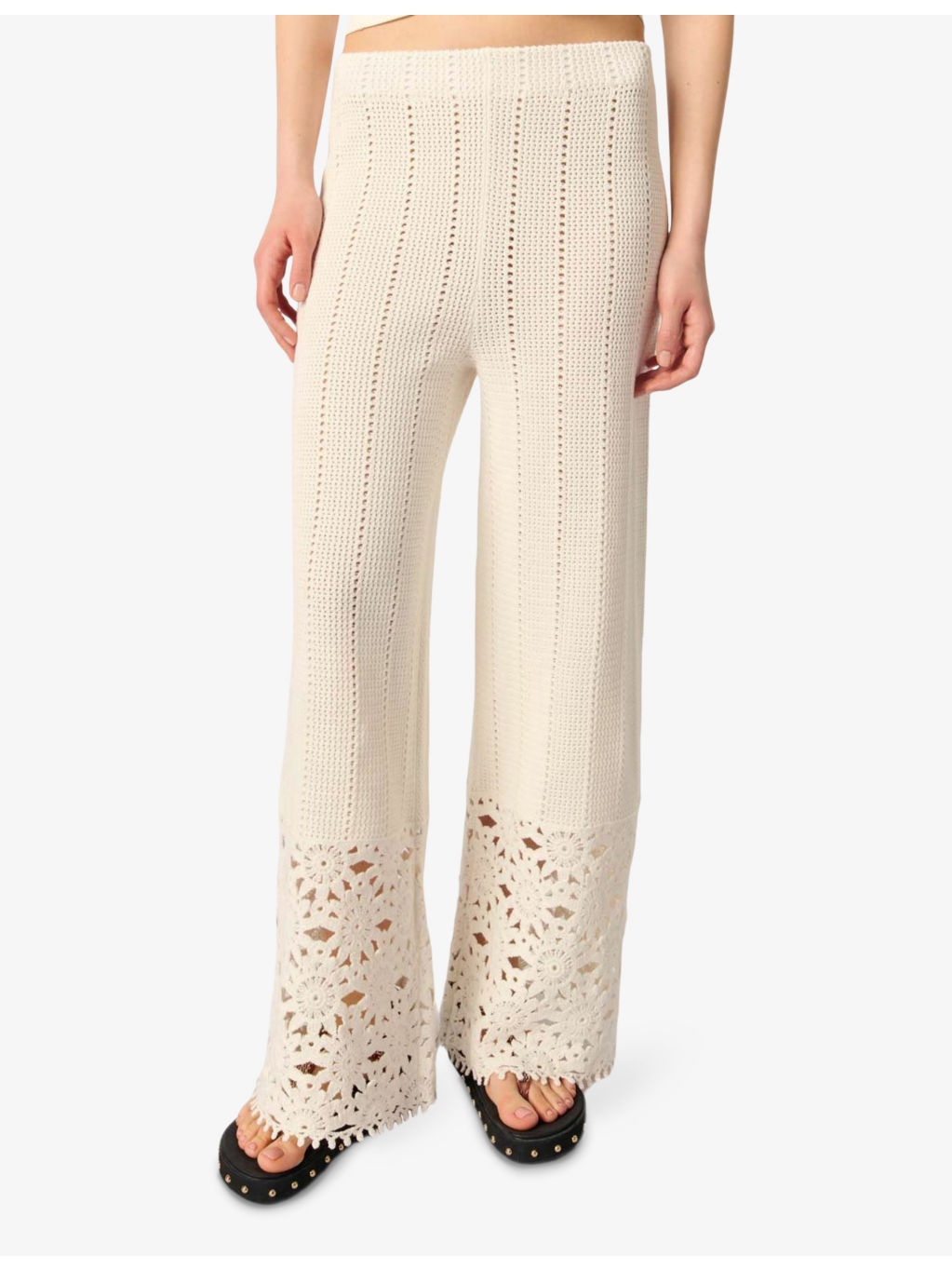 Wide-Leg Floral-Pattern Crochet-Knit Trousers - 3