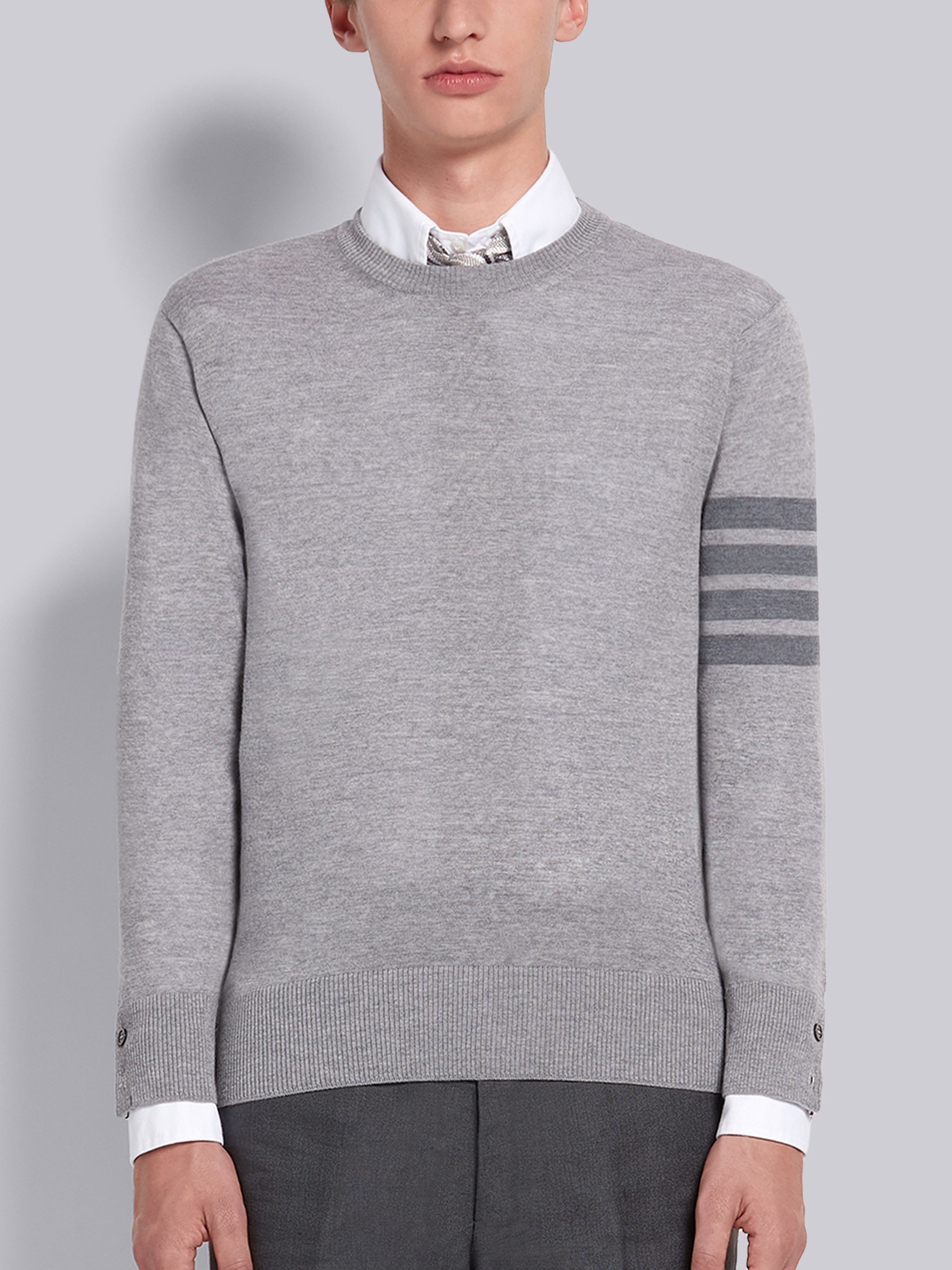 Light Grey Fine Merino Wool 4-Bar Classic Crewneck Pullover - 1