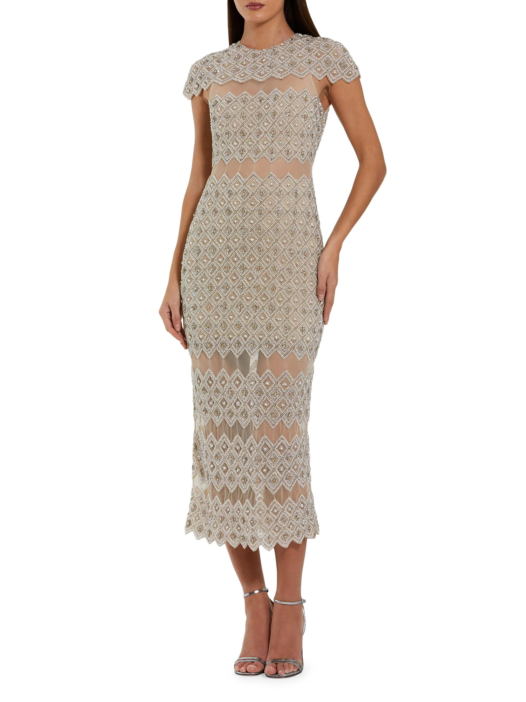 Women's Cocktail Beaded Mesh Midi-Dress - Ivory Beige - 1