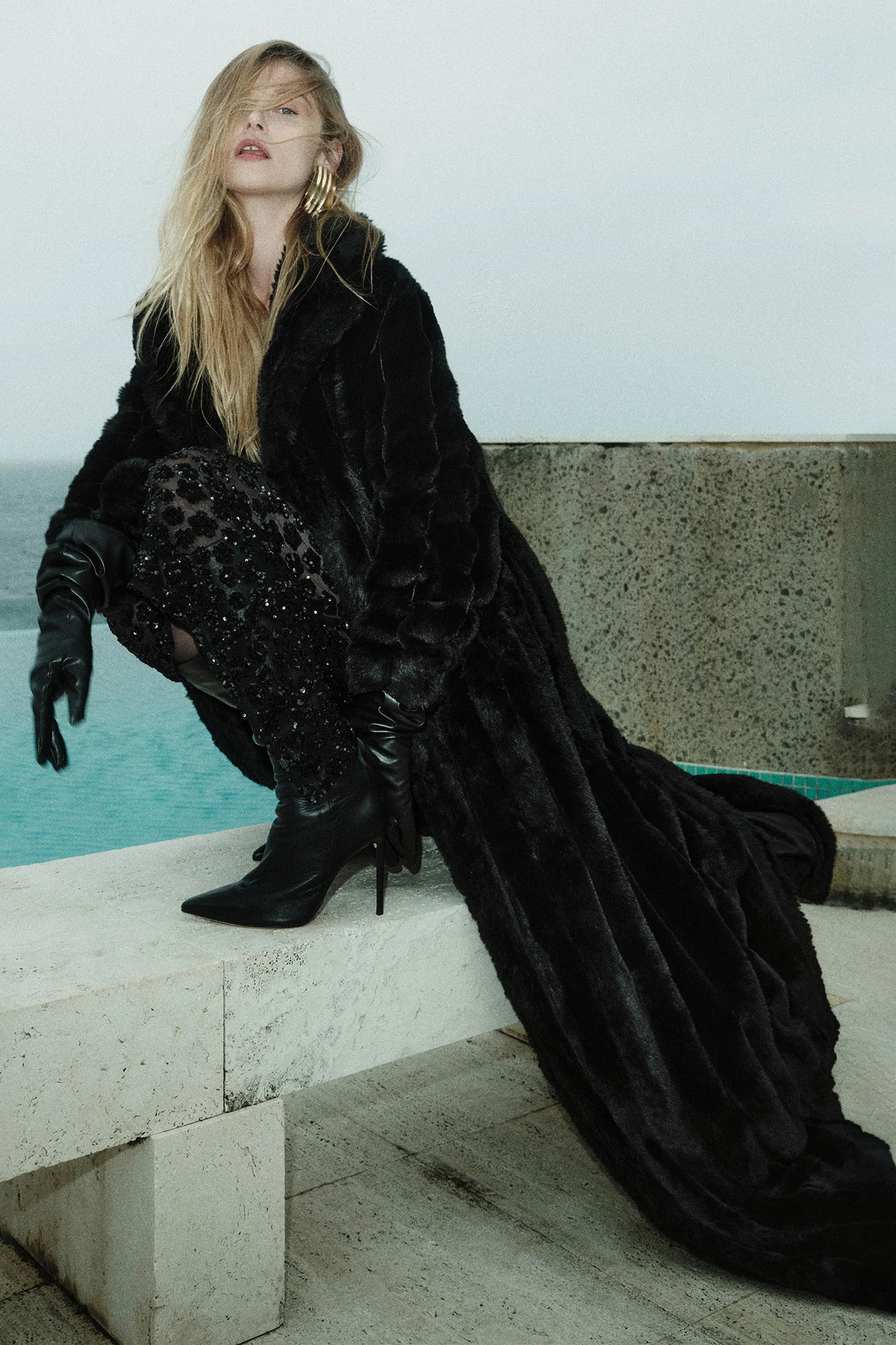 Marta Faux Fur Longline Coat In Black - 1