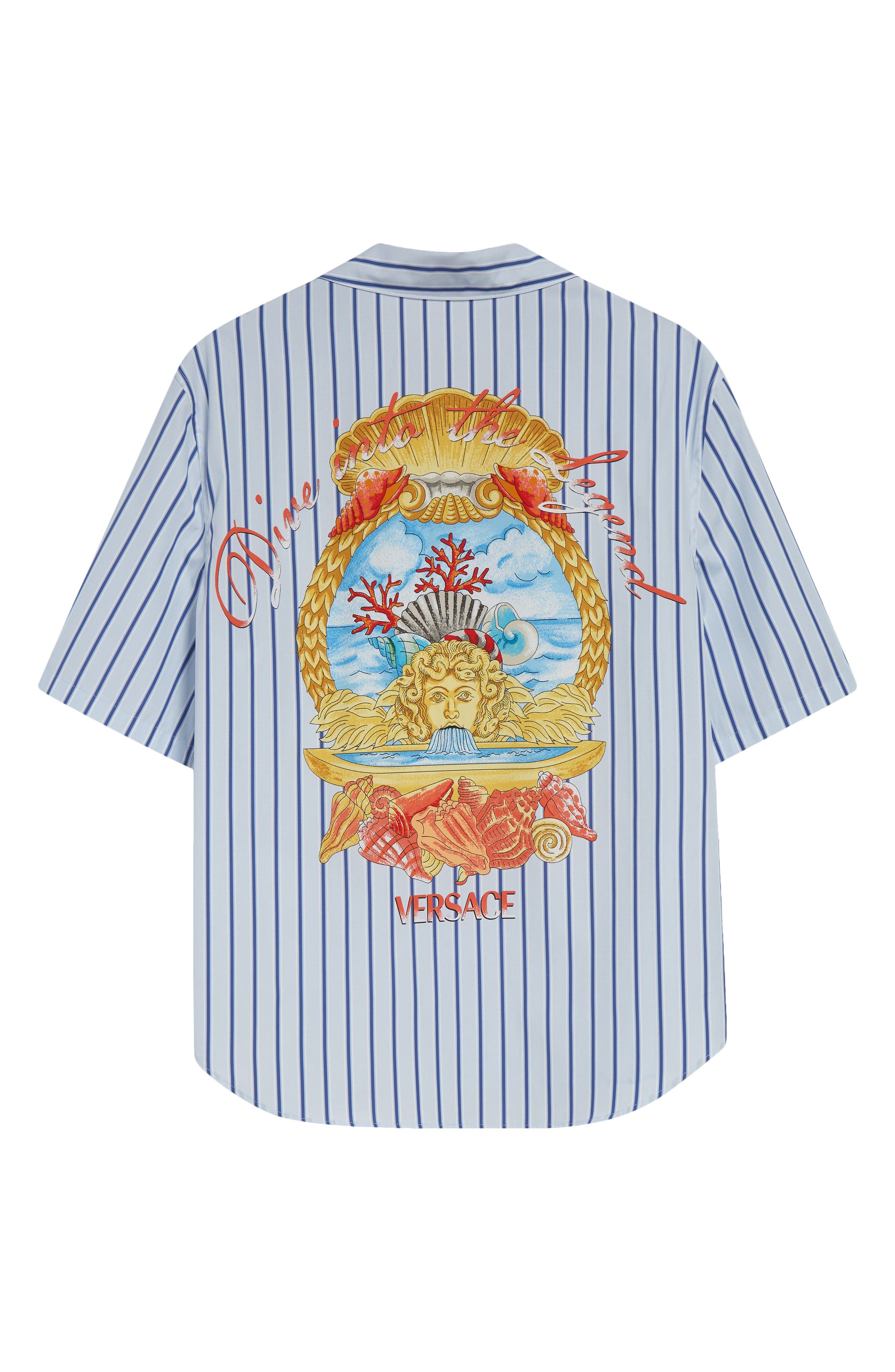 Versace Dive in Crest Cotton Poplin Camp Shirt in Blue Stripes Multi at Nordstrom - 7