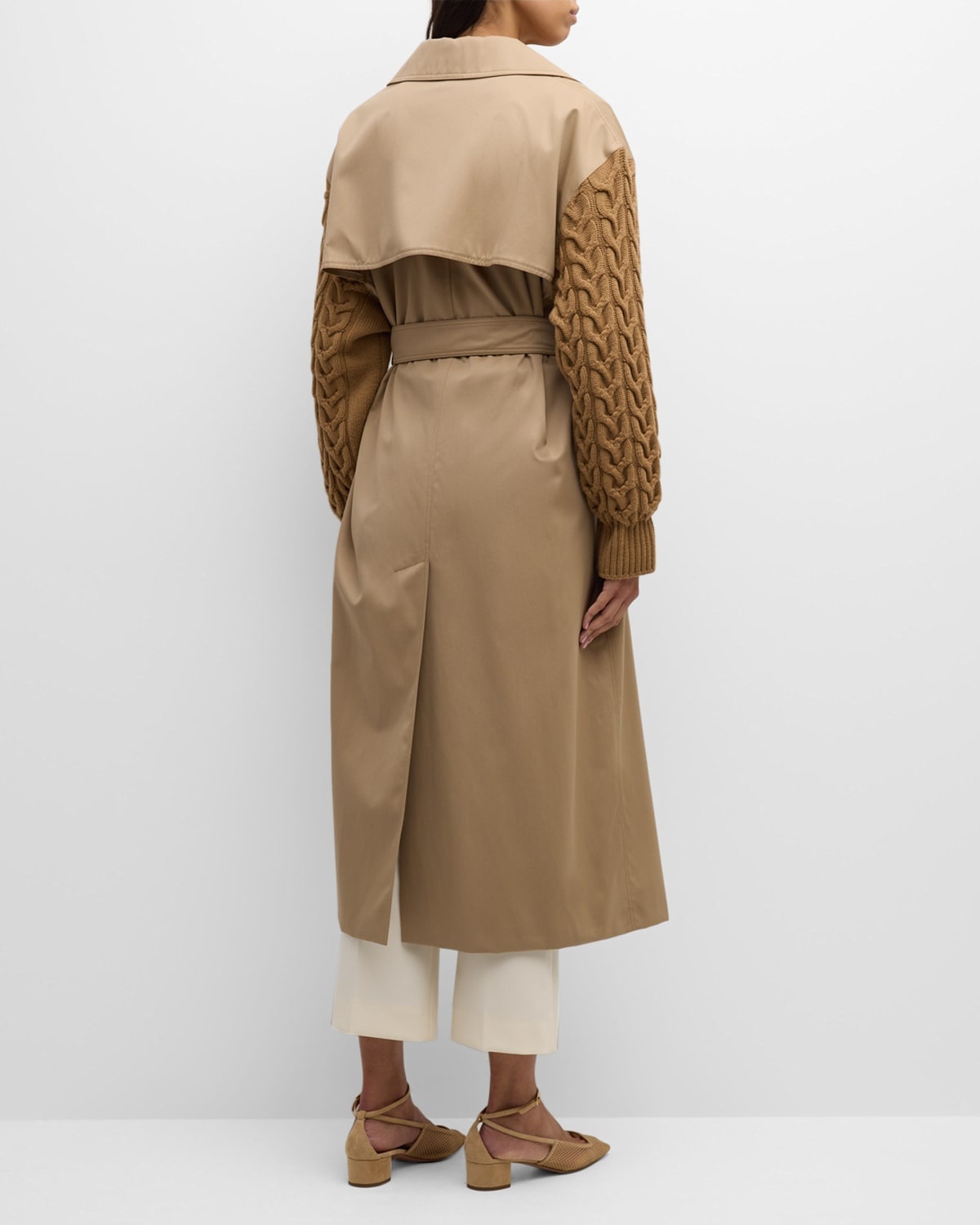 Cicladi Cable-Knit Sleeves Belted Long Trench Coat - 6