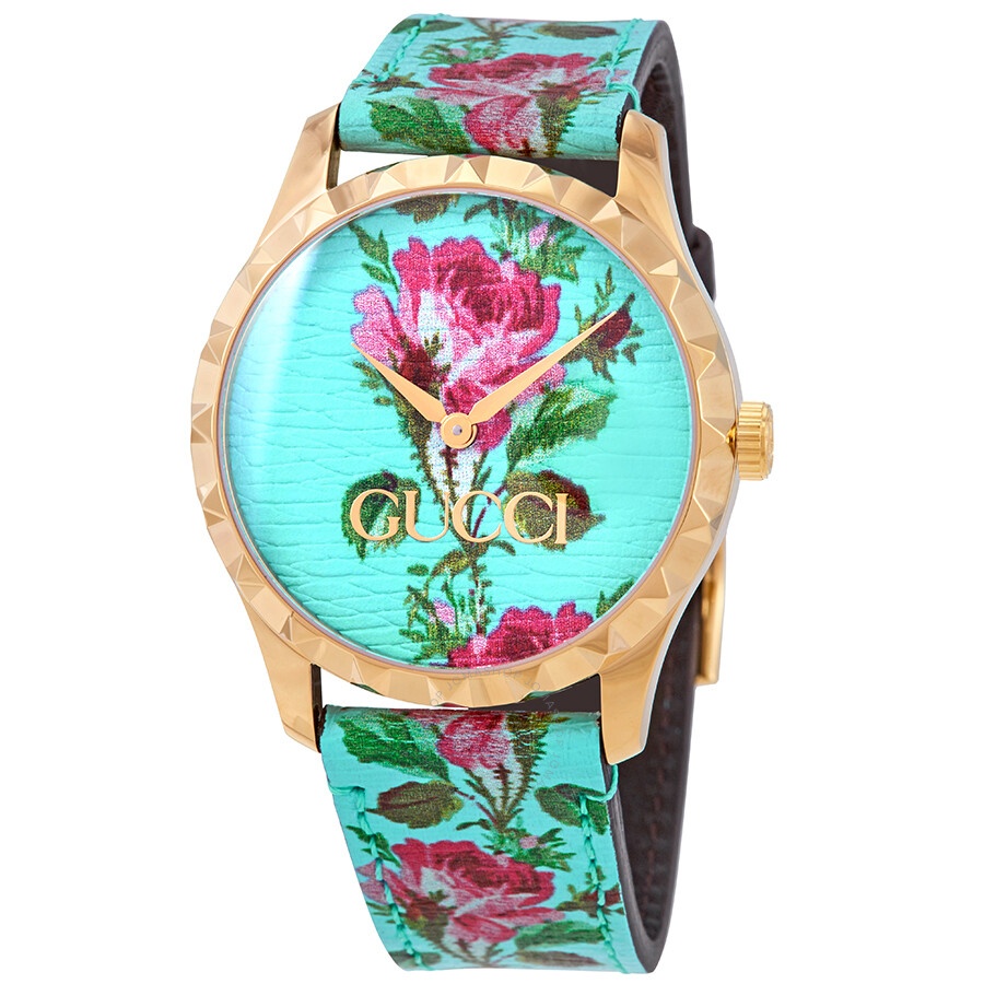 Gucci G-Timeless Aqua Floral Print Dial Ladies Leather Watch YA1264085 - 1