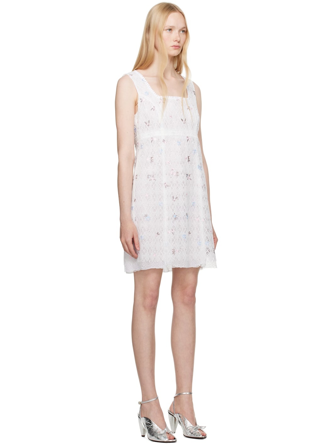 White Embroidered Lacey Trellis Minidress - 2