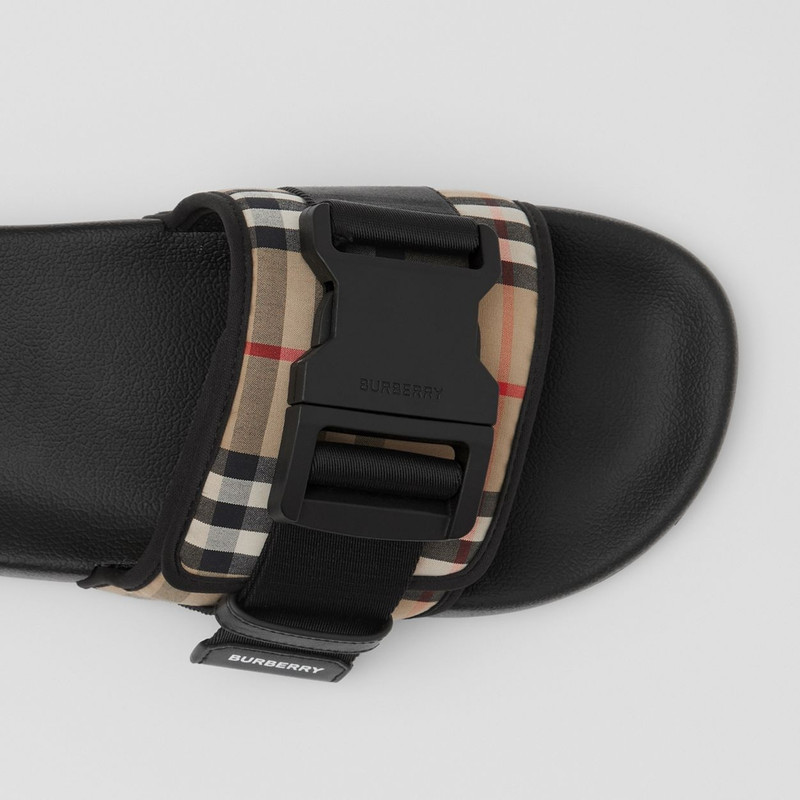 Buckled Strap Vintage Check Cotton Slides 3