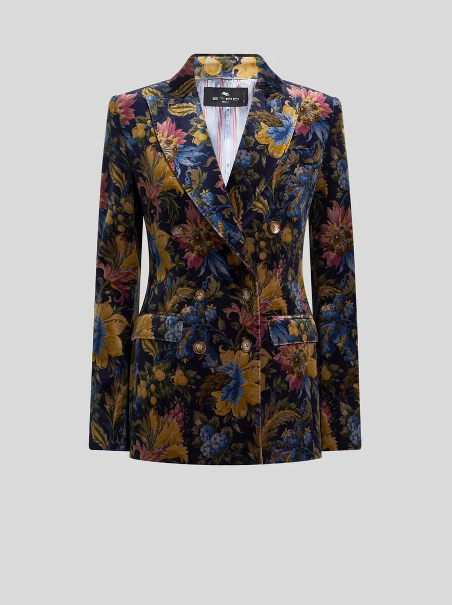 DOUBLE-BREASTED COTTON VELVET JACKET WITH FLORAL OVERPRINT - 1
