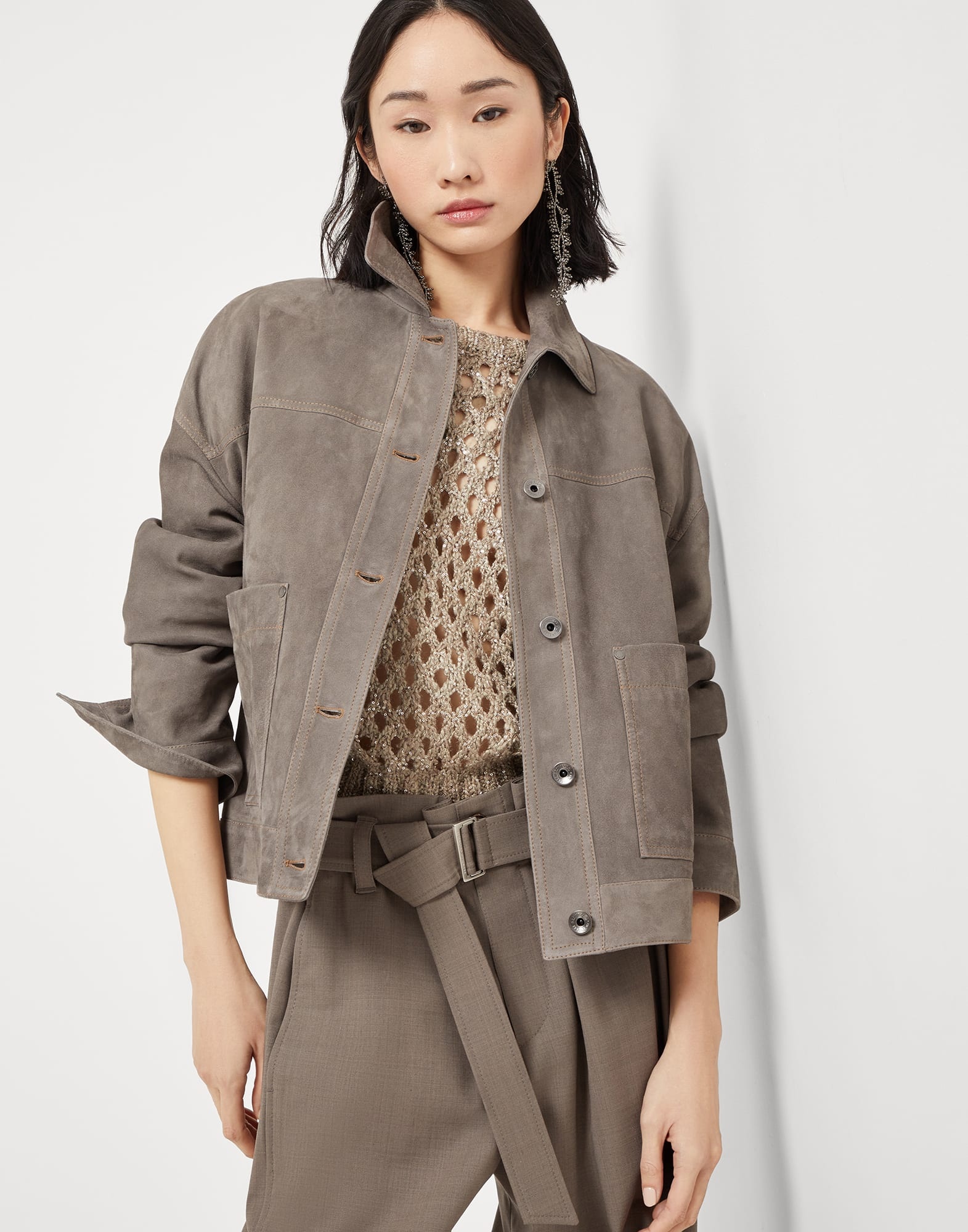 Couture suede outerwear jacket with monili - 4