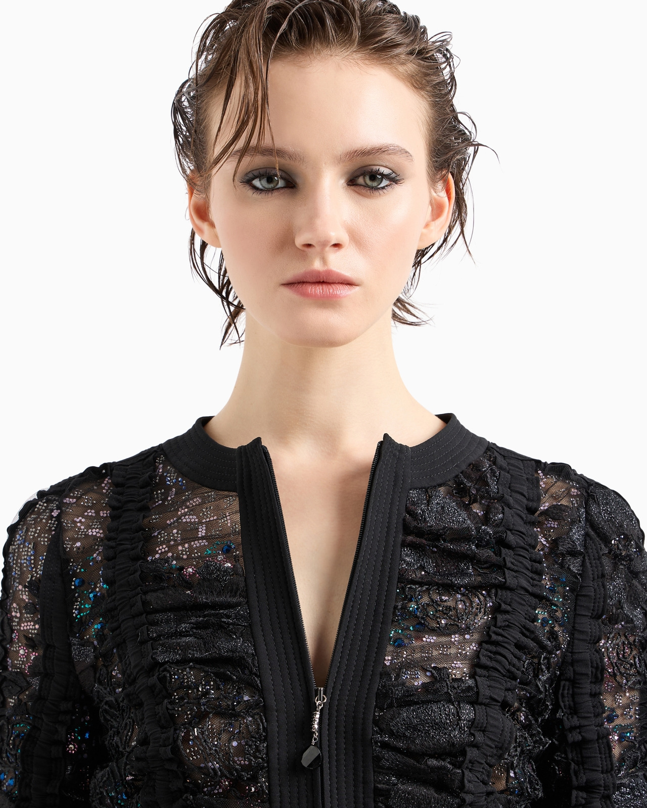 SHORT JACKET IN BLACK EMBROIDERED LACE WITH ZIP - 5