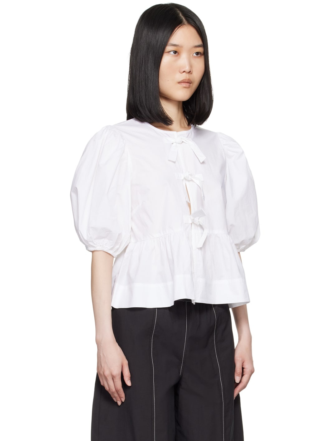 White Peplum Tie Blouse - 2