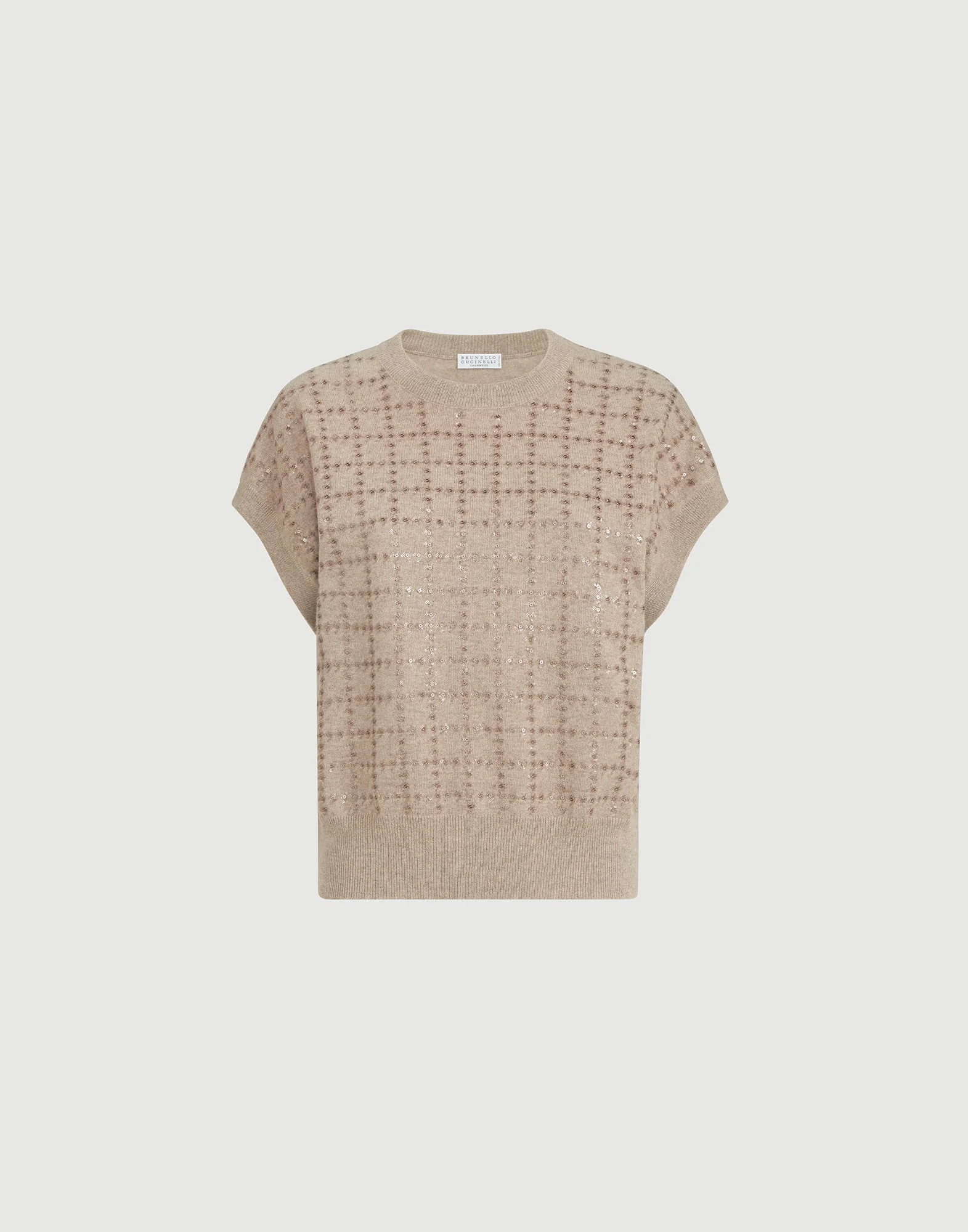Cashmere knit t-shirt with dazzling windowpane embroidery - 1