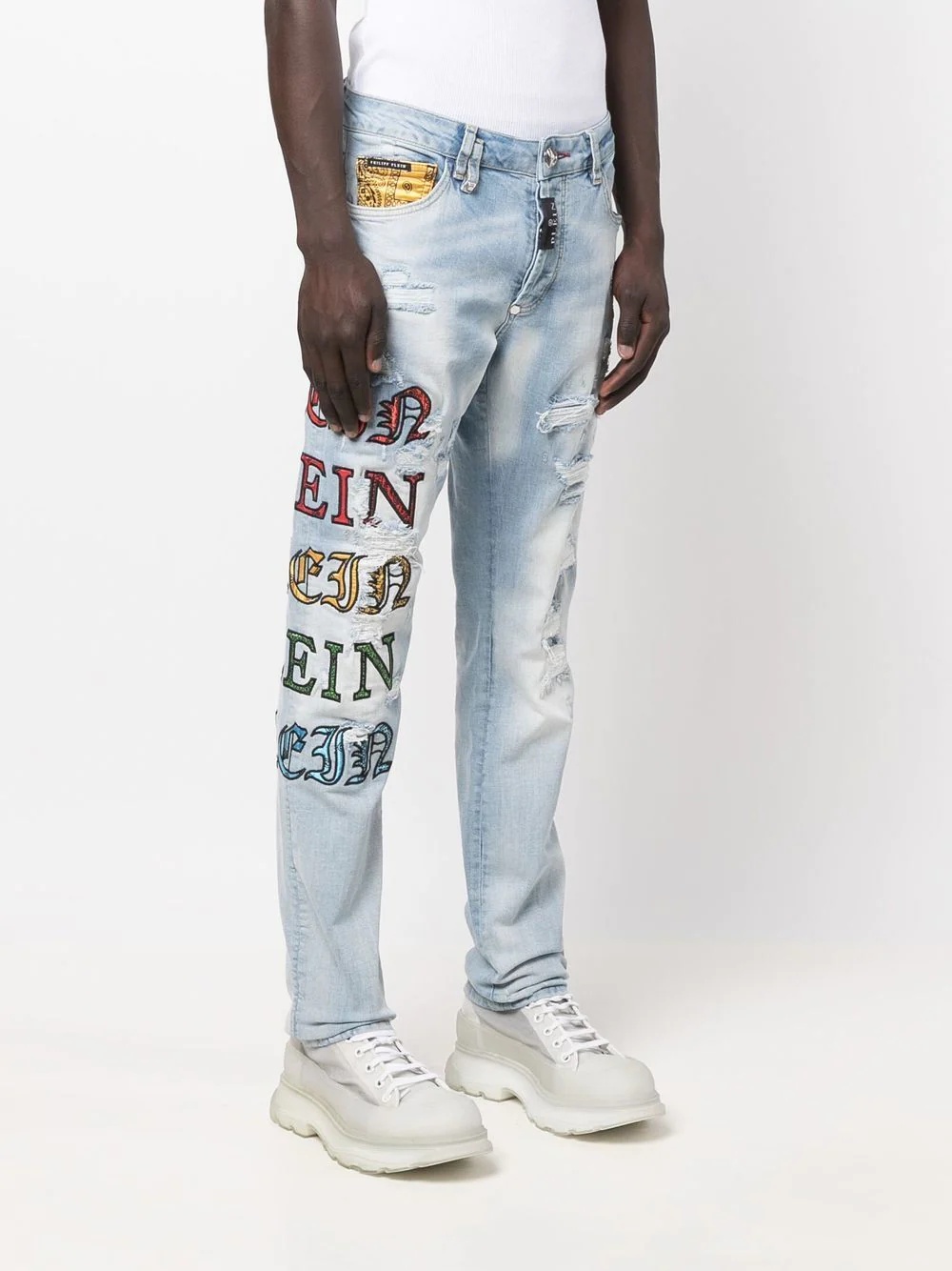 patch-lettering distressed jeans - 3