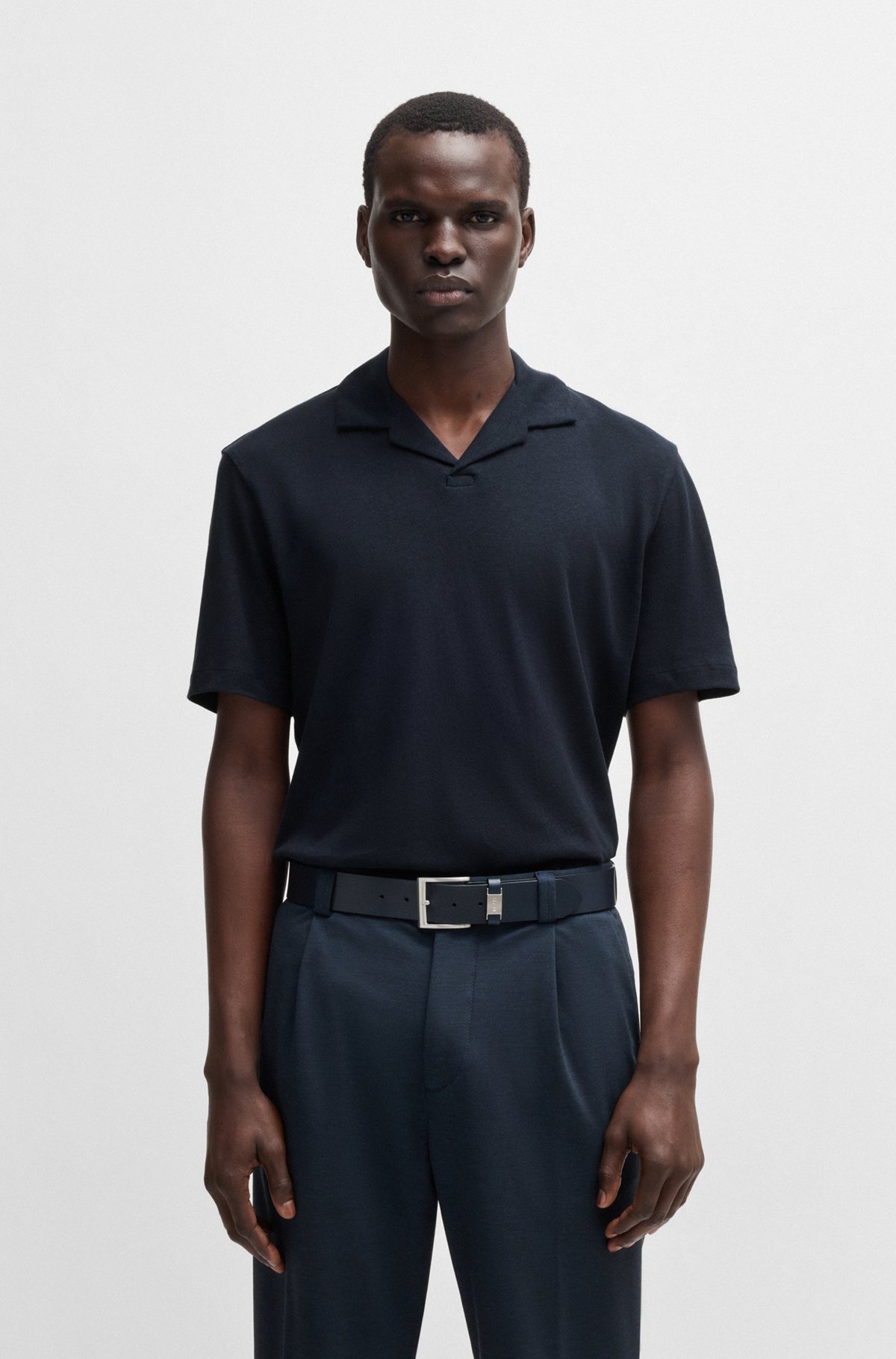 COTTON-LINEN POLO SHIRT WITH JOHNNY COLLAR - 2