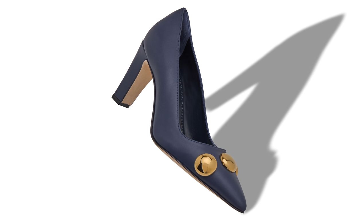 Navy Blue Calf Leather Pointed Toe Pumps - 2