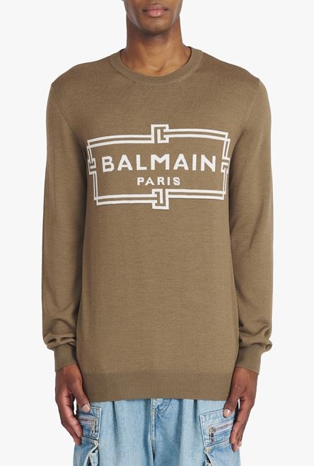 Taupe wool sweater with ecru Balmain Paris logo - 5