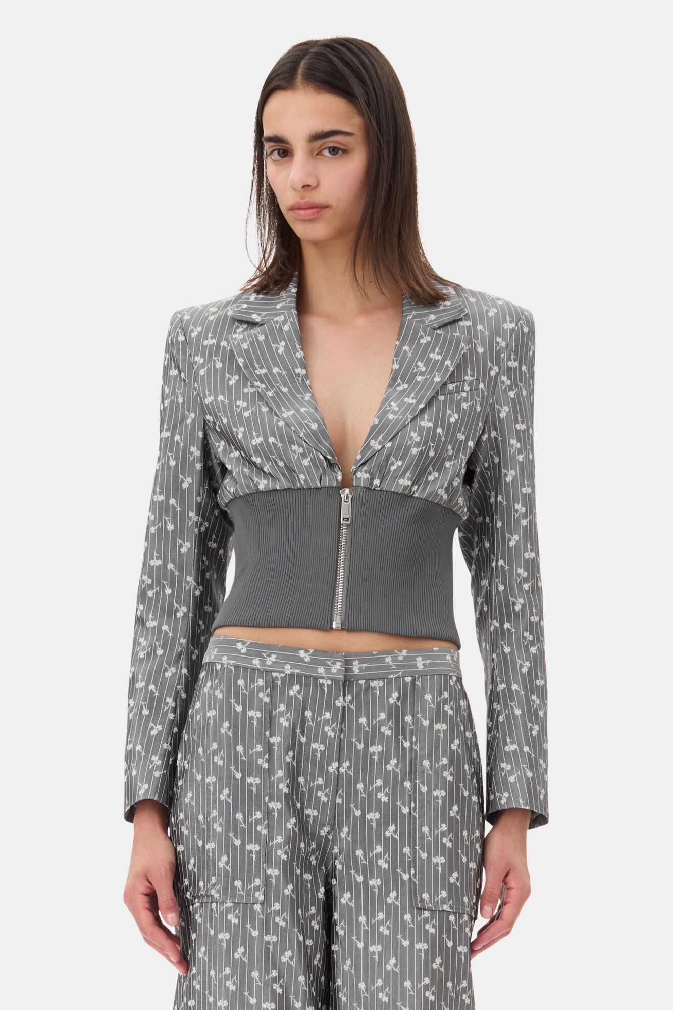 GREY JACQUARD CROPPED BLAZER - 2