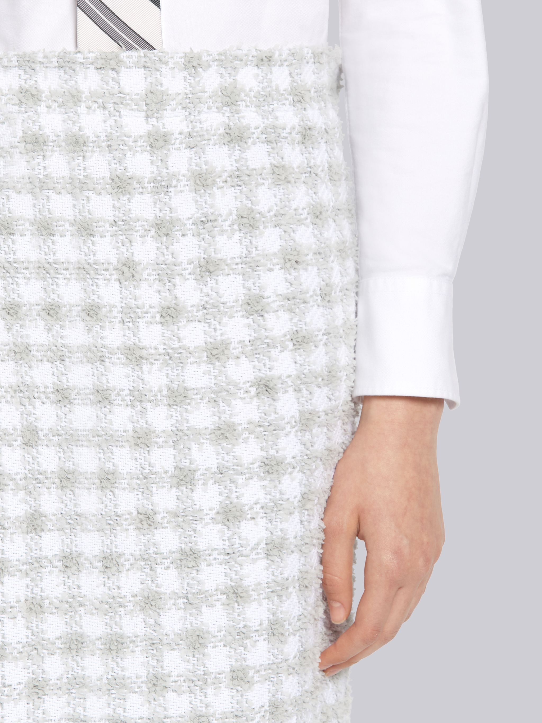 Light Grey Cotton Gingham Eyelash Tweed Below Knee Pencil Skirt - 5