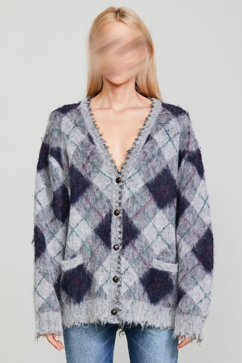 R13 OVERSIZED DISTRESSED EDGE CARDIGAN - GREY/GREEN ARGYLE outlook