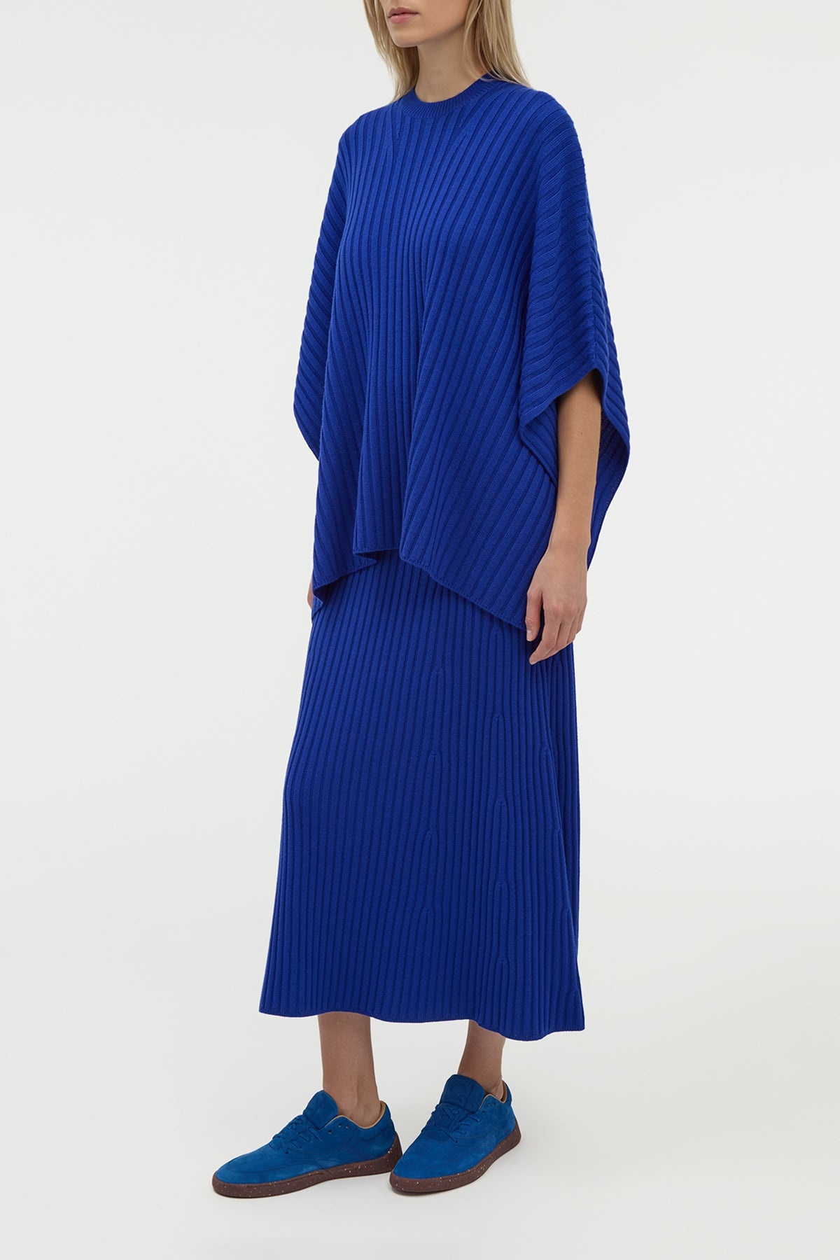 Baron Knit Cropped Poncho in Cobalt Merino Wool Cashmere - 3