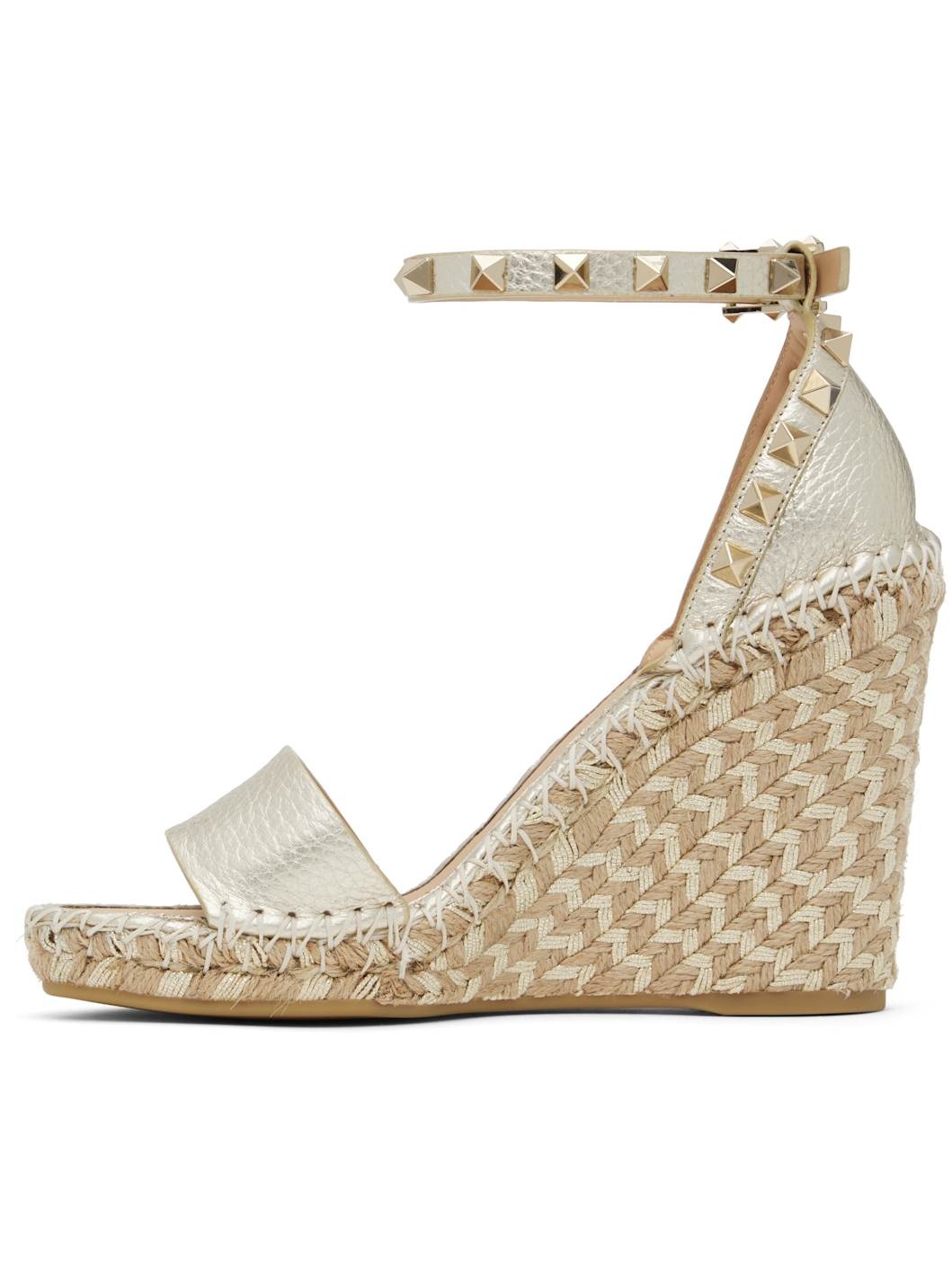 Silver Double Rockstud Grainy Calfskin Wedge Sandals - 3