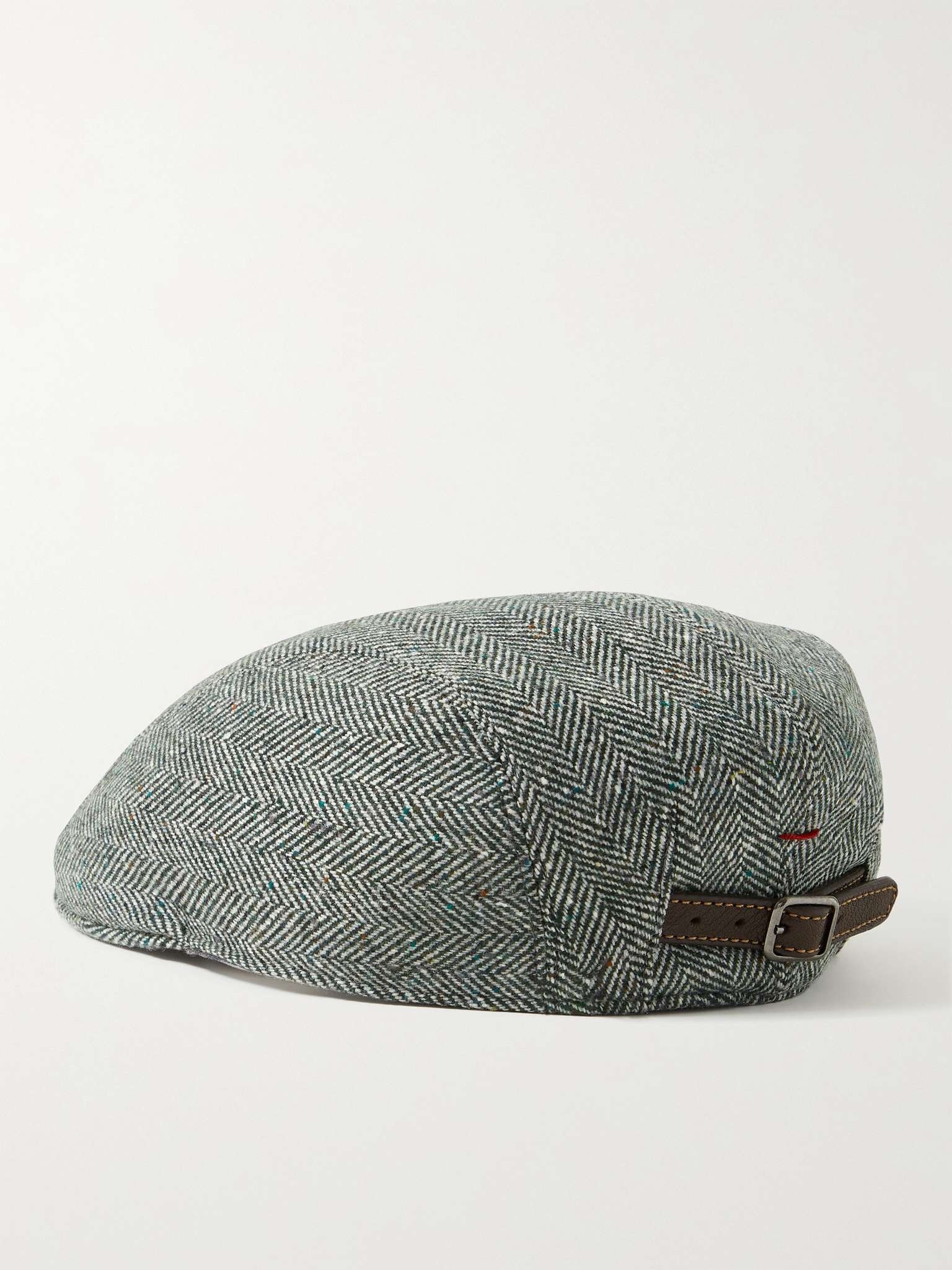 Leather-Trimmed Herringbone Wool and Cashmere-Blend Tweed Flat Cap - 3