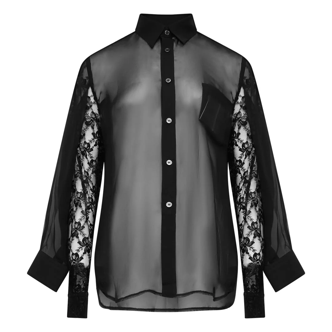 Sheer Lace Panel Blouse - 1