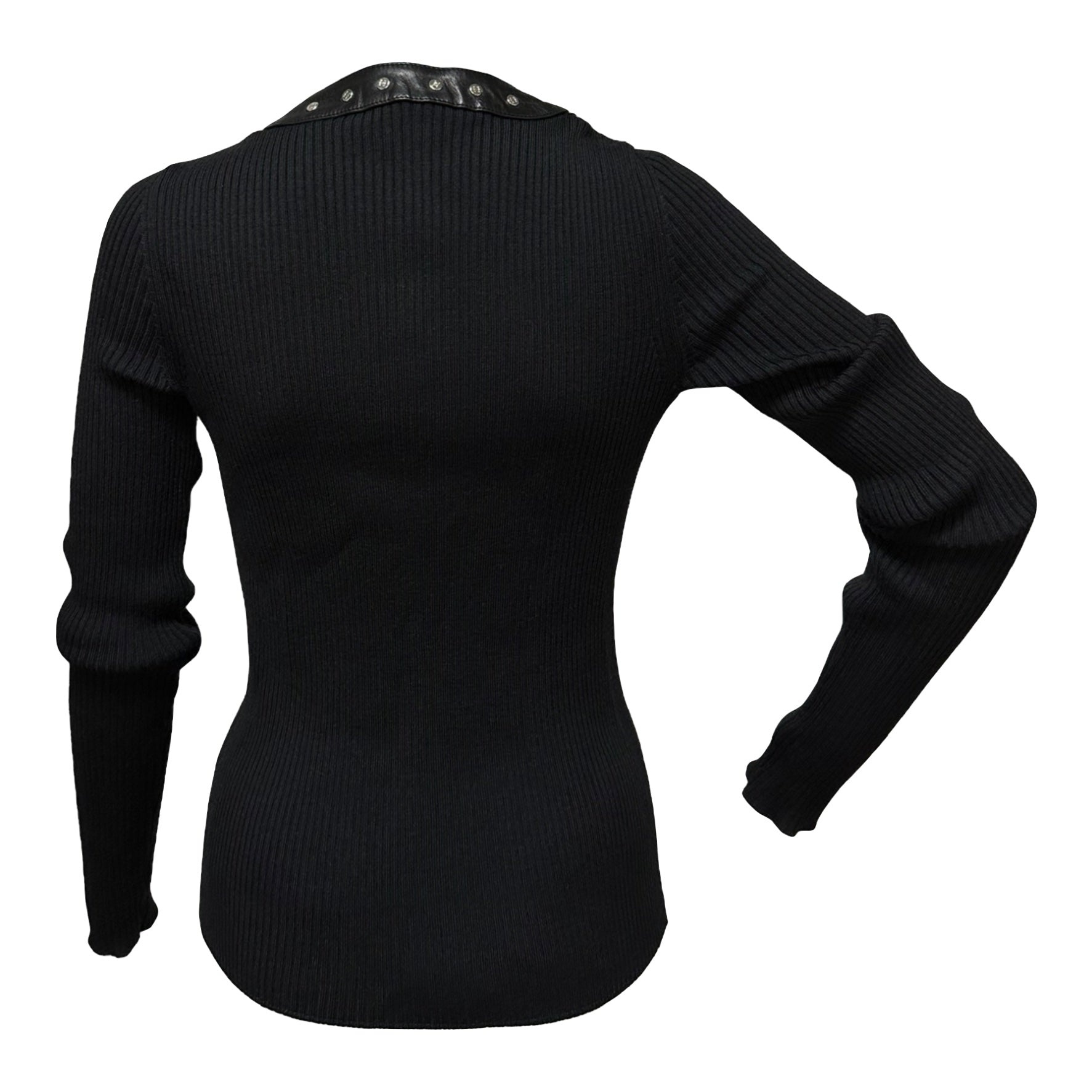 CELINE Studded Leather Trim Ribbed Knit Cardigan - 2