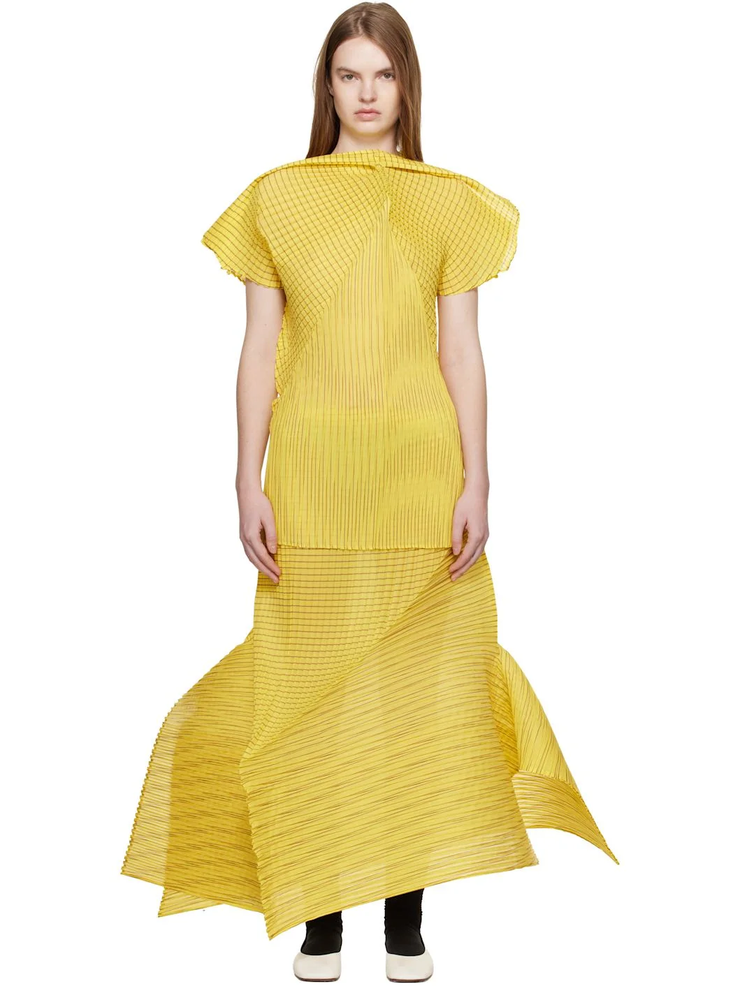 Yellow Generic Stripes Machine Pleats Midi Skirt - 1