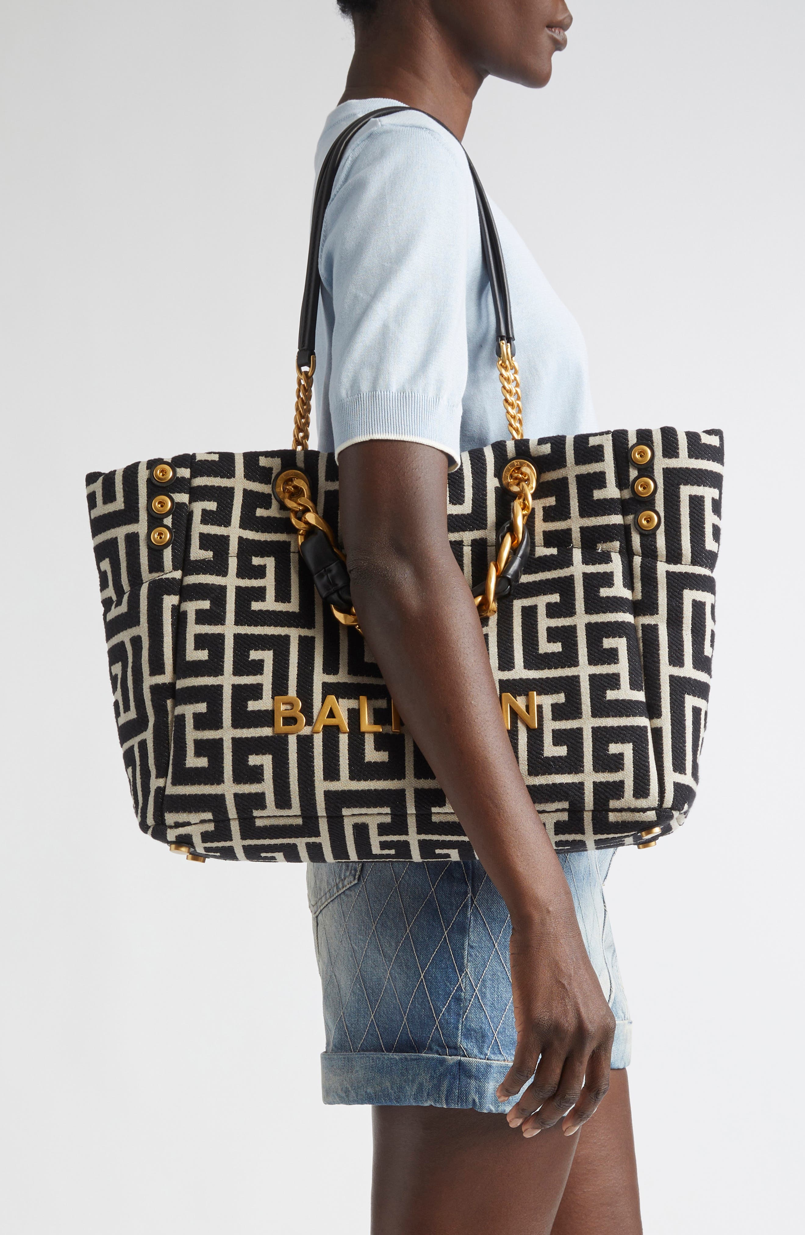 Balmain 1945 Soft Monogram Jacquard Tote in Ivory/Black at Nordstrom - 2