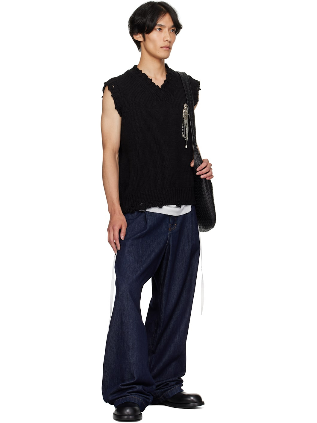 Black Patch Embroidery Distressed Vest - 4