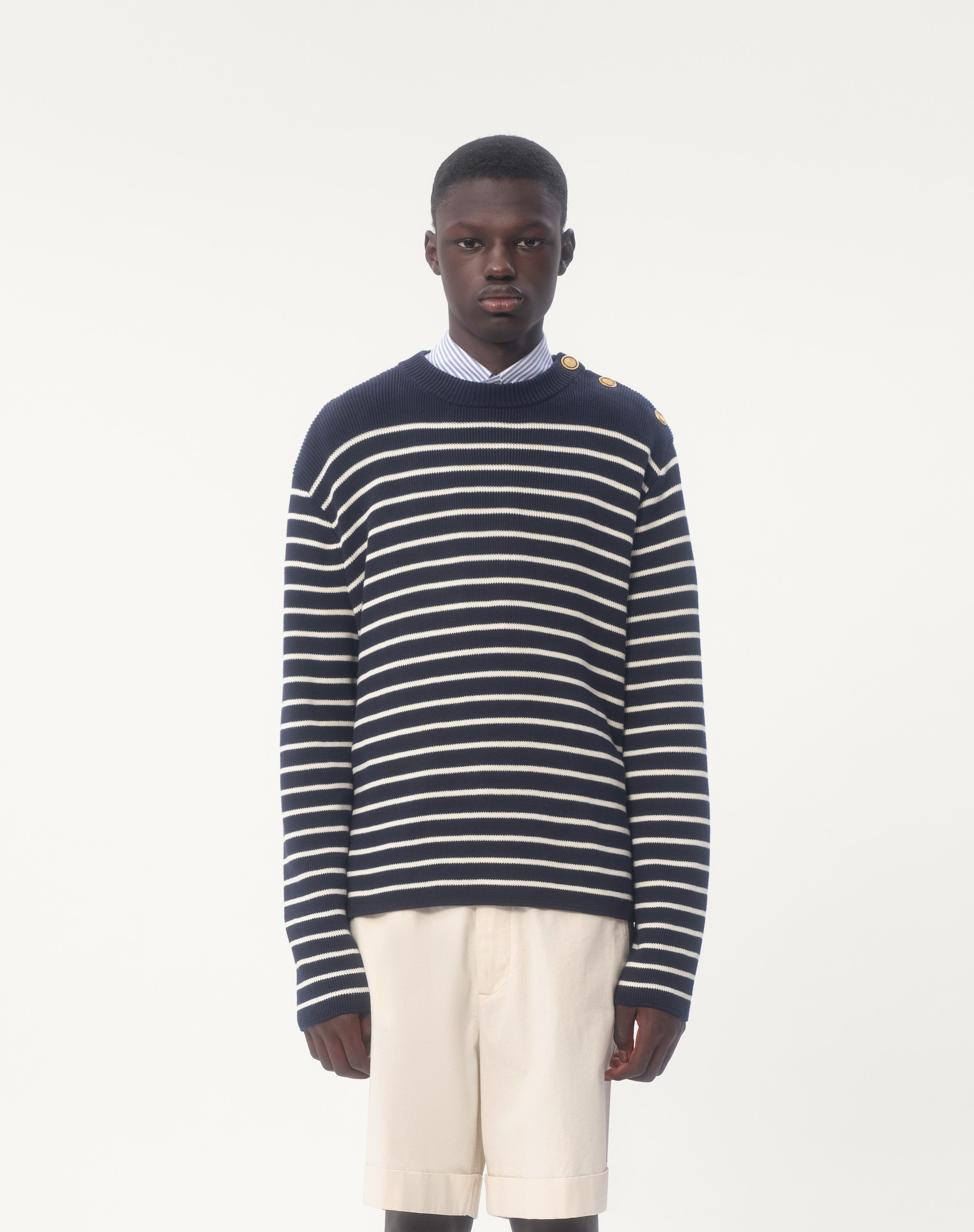 STRIPED COTTON CREWNECK SWEATER WITH BUTTONS ON THE SHOULDER - 6
