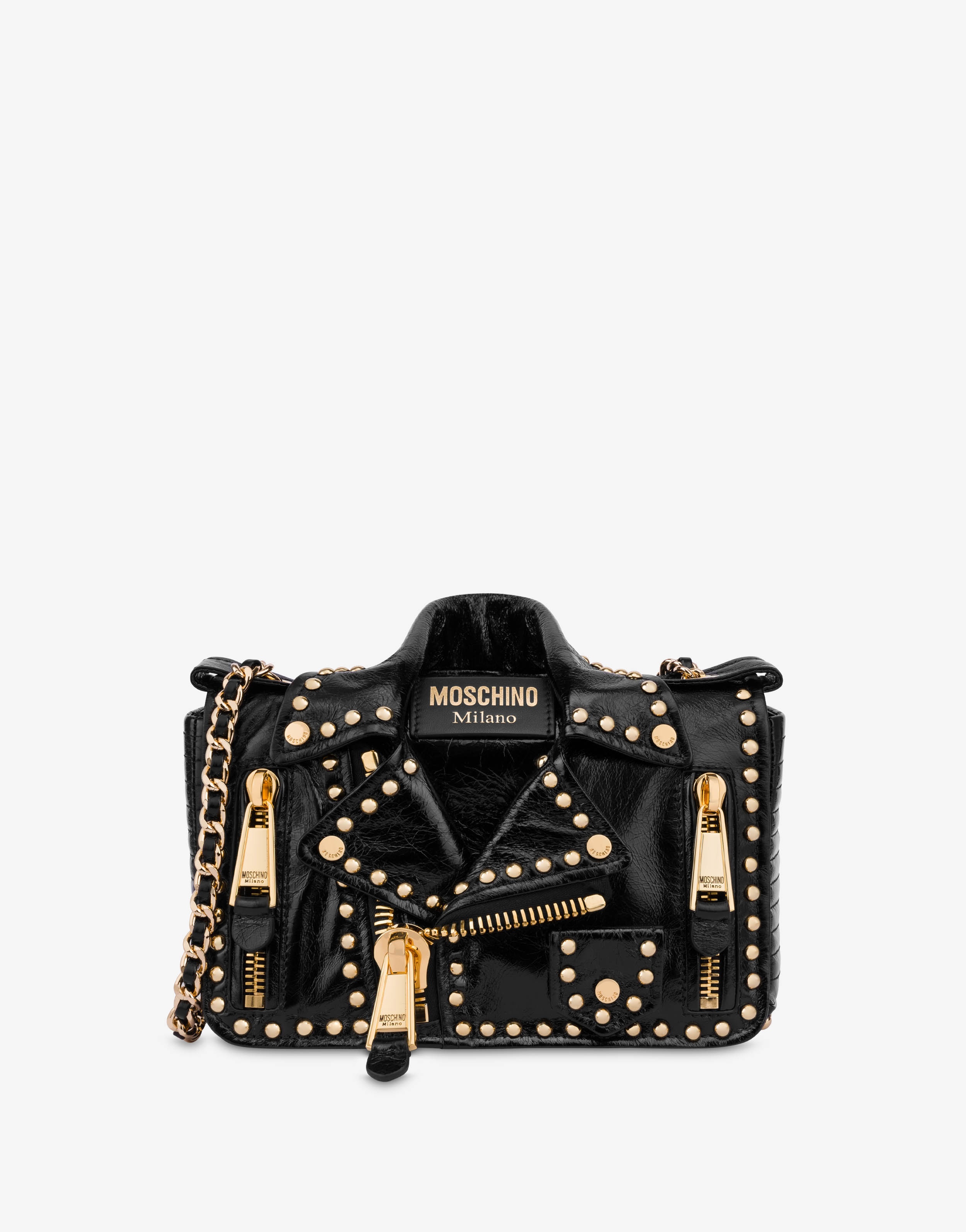 STUDDED SHINY CALFSKIN BIKER BAG - 1