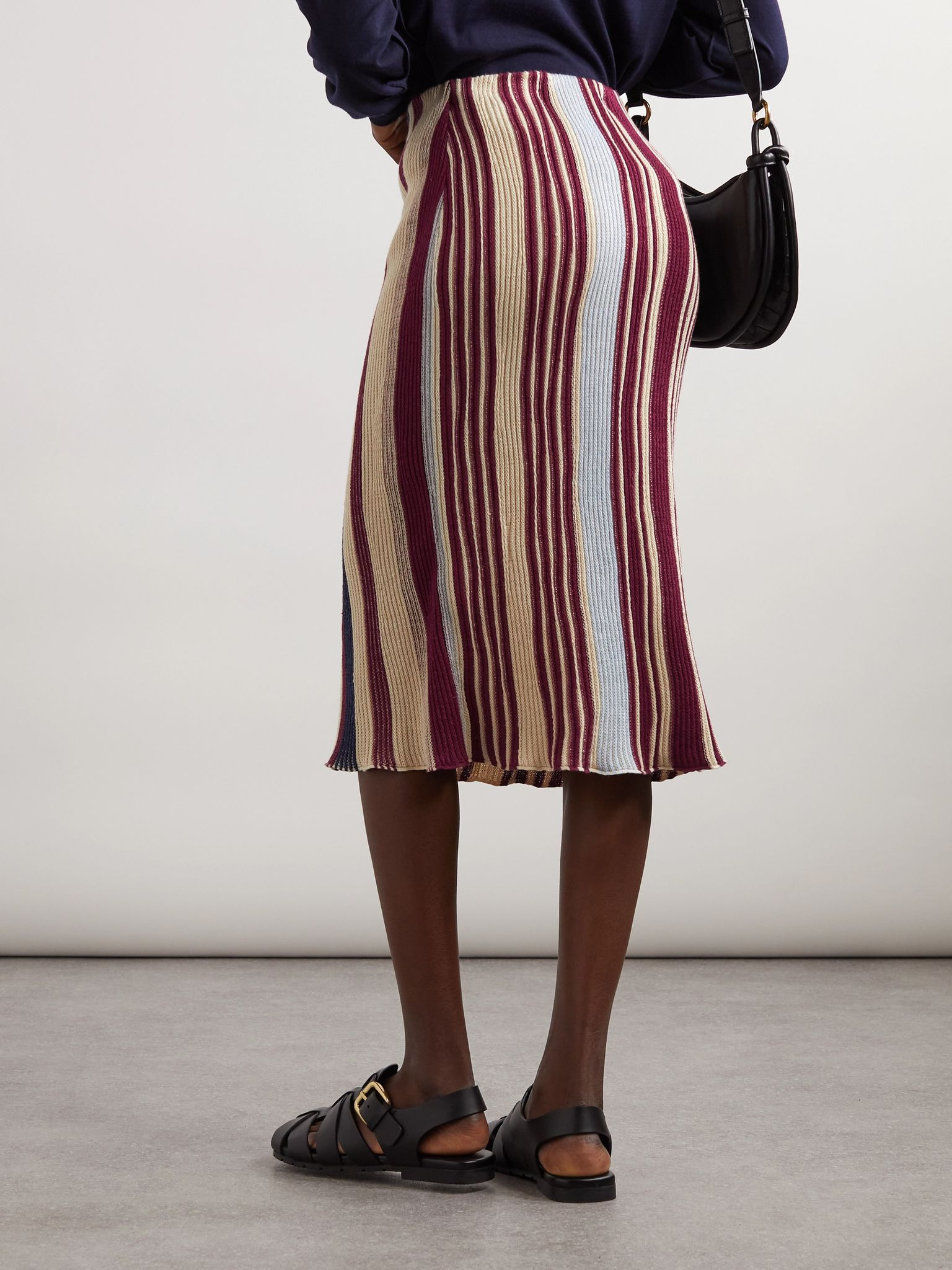 Striped ribbed linen and cotton-blend midi skirt Red - 3