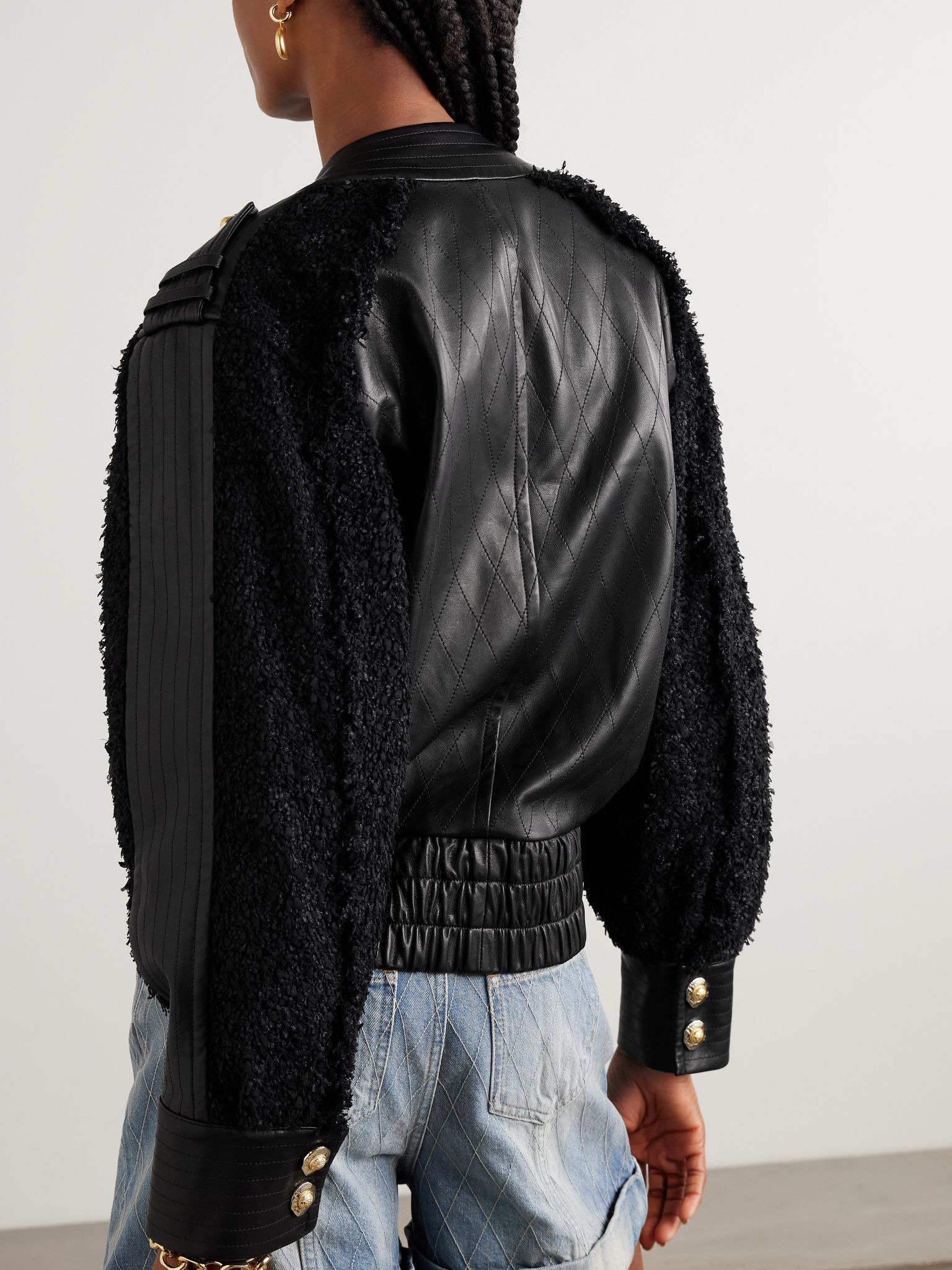 Quilted leather and tweed bomber jacket Black - 4