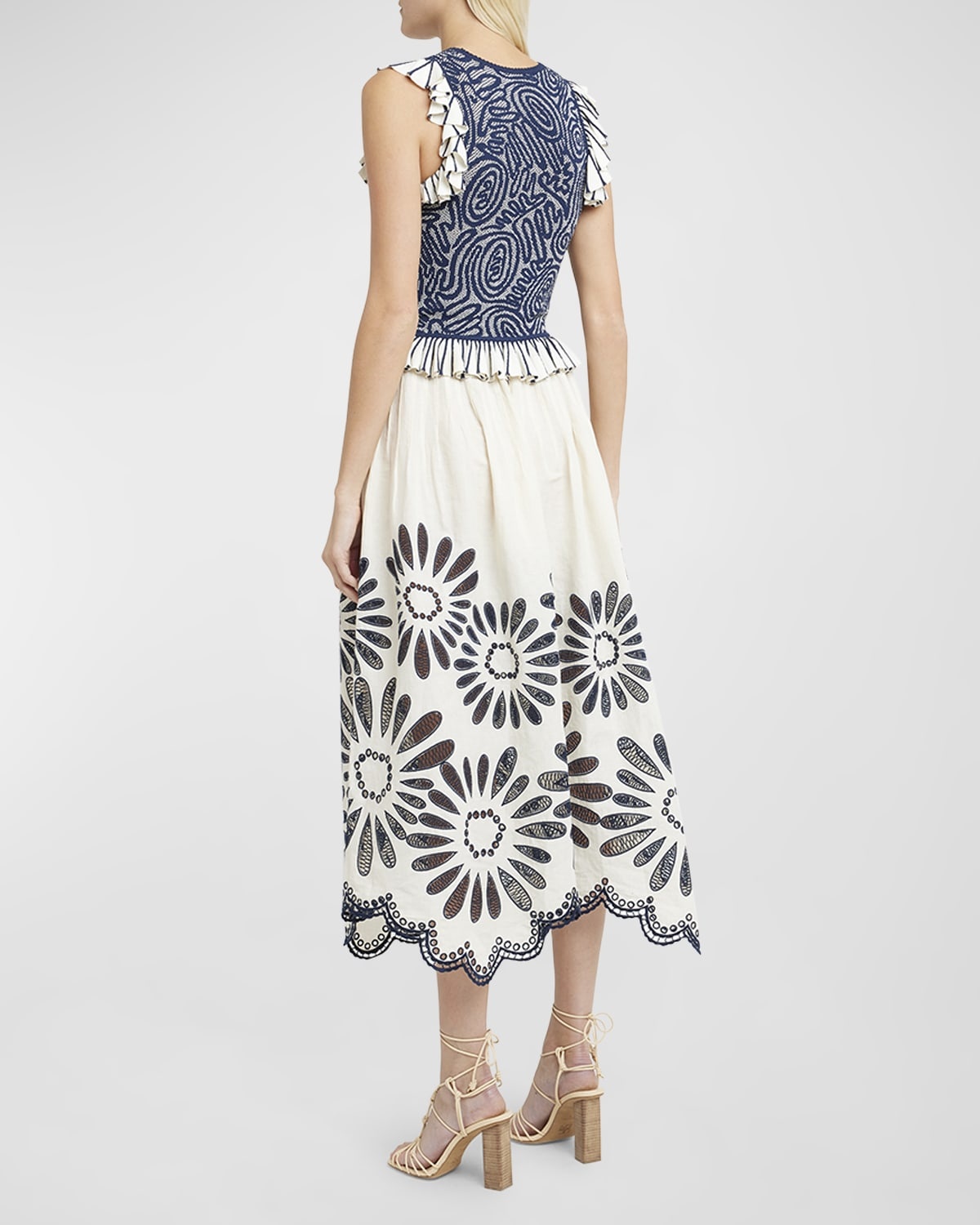 Annisa Embroidered Linen Cotton Scalloped Midi Skirt - 4