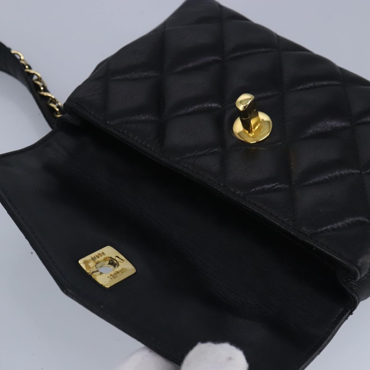 CHANEL Matelasse Chain Waist Bag Lamb Skin Black Gold CC - 9