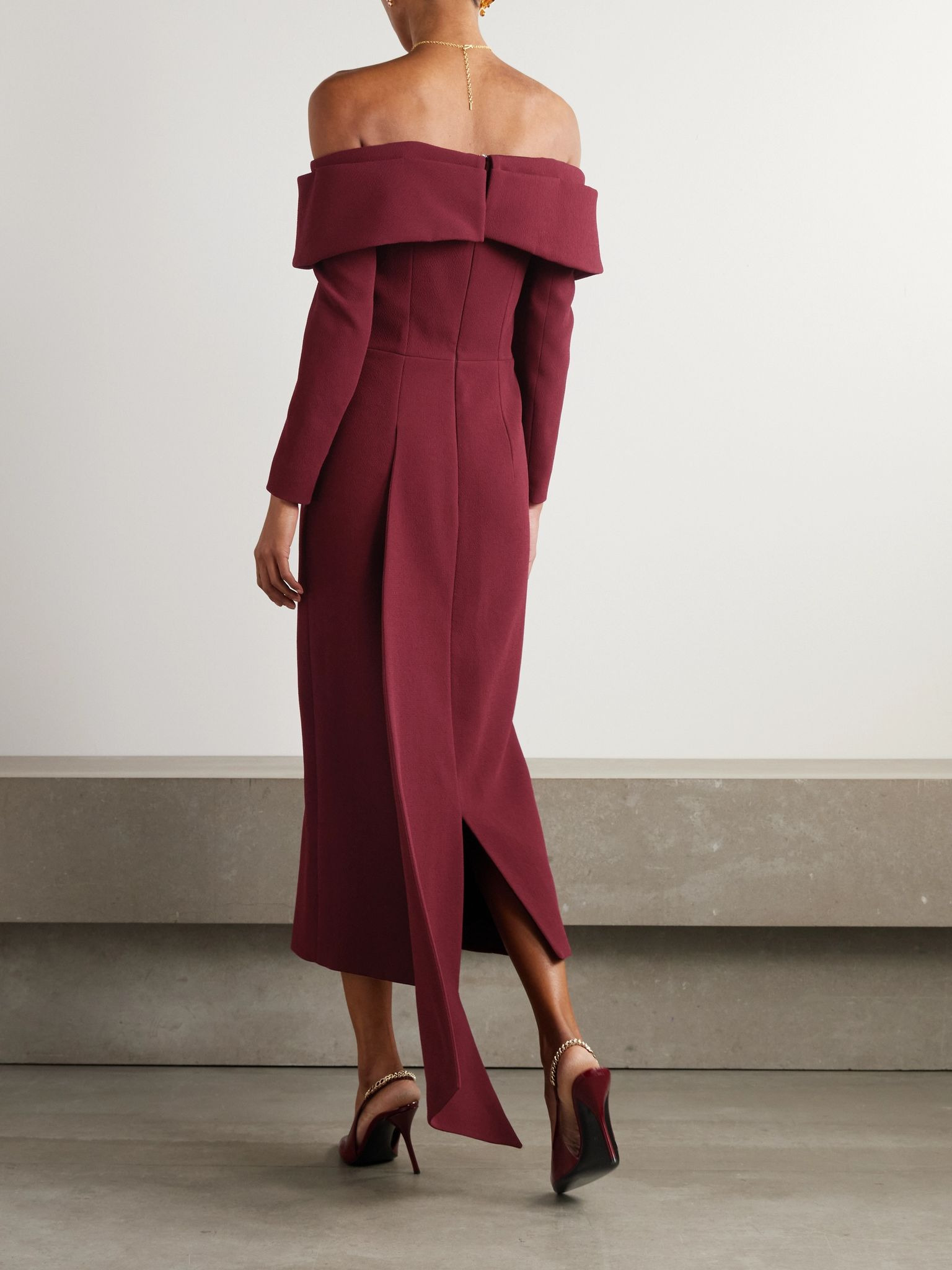 Derika off-the-shoulder pleated textured-crepe gown Burgundy - 3