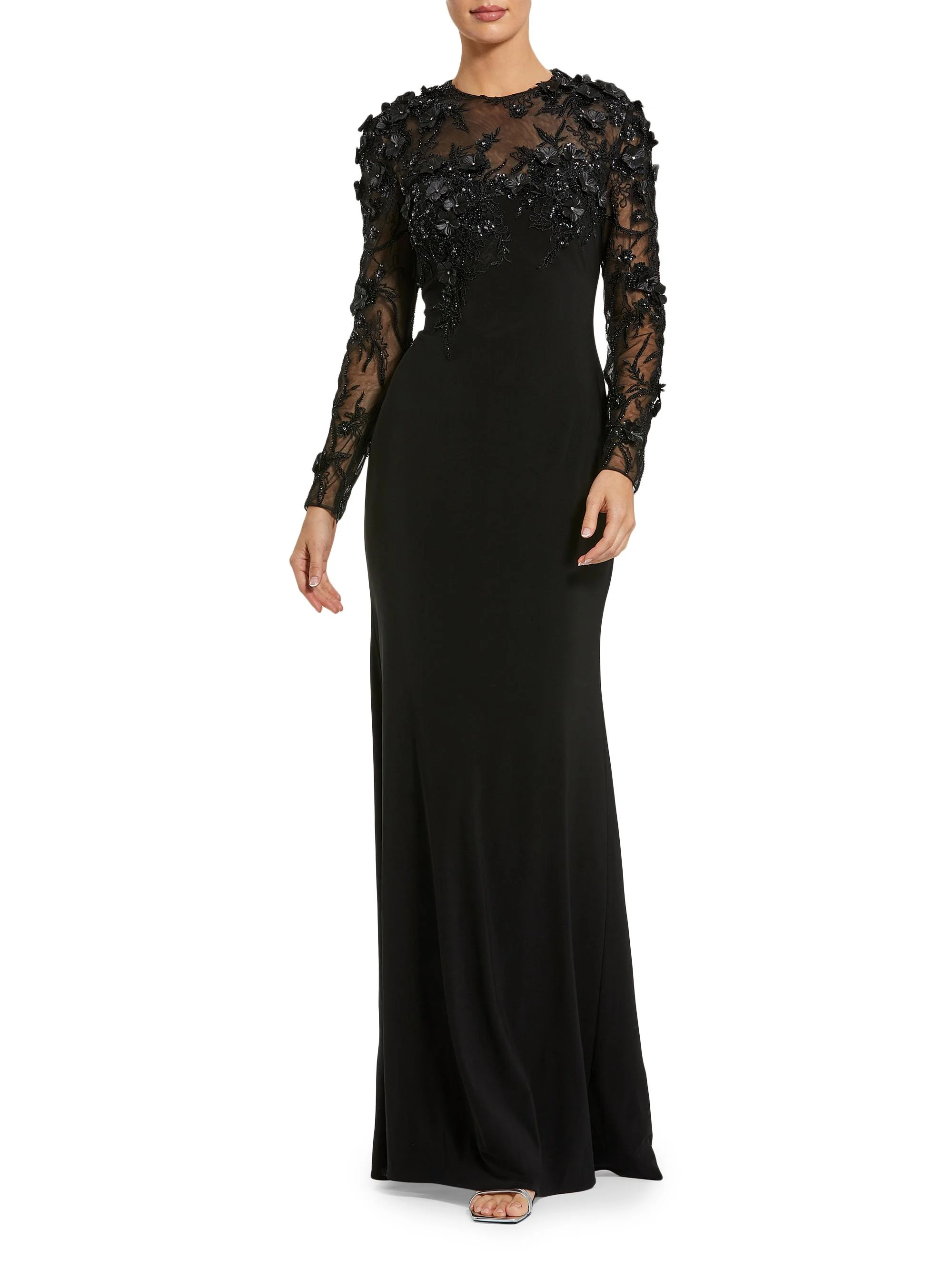 Women's Floral Embellished Long-Sleeve Column Gown - Black - 1