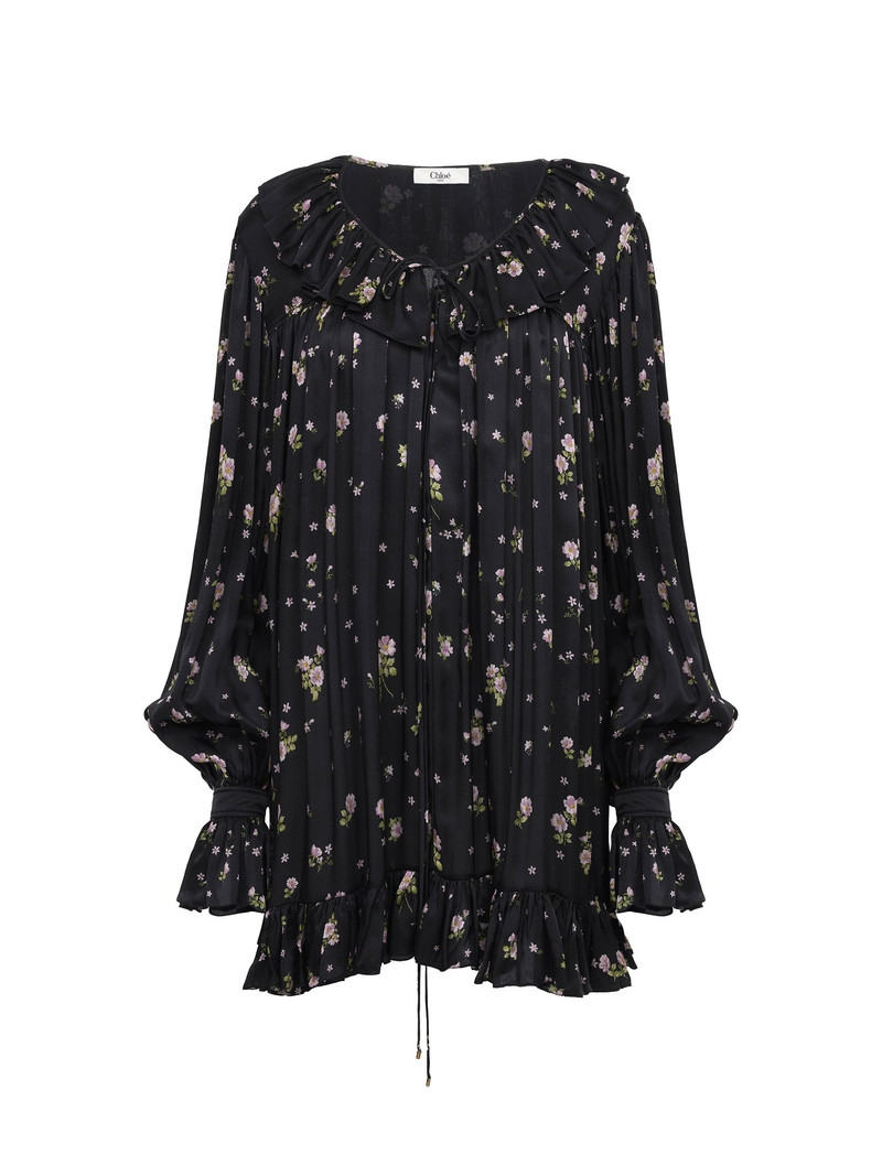 GATHERED LONG-SLEEVE MINI DRESS IN SILK CHARMEUSE 1