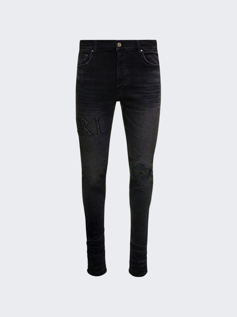Crystal Logo Distressed Jeans Faded Black - 1