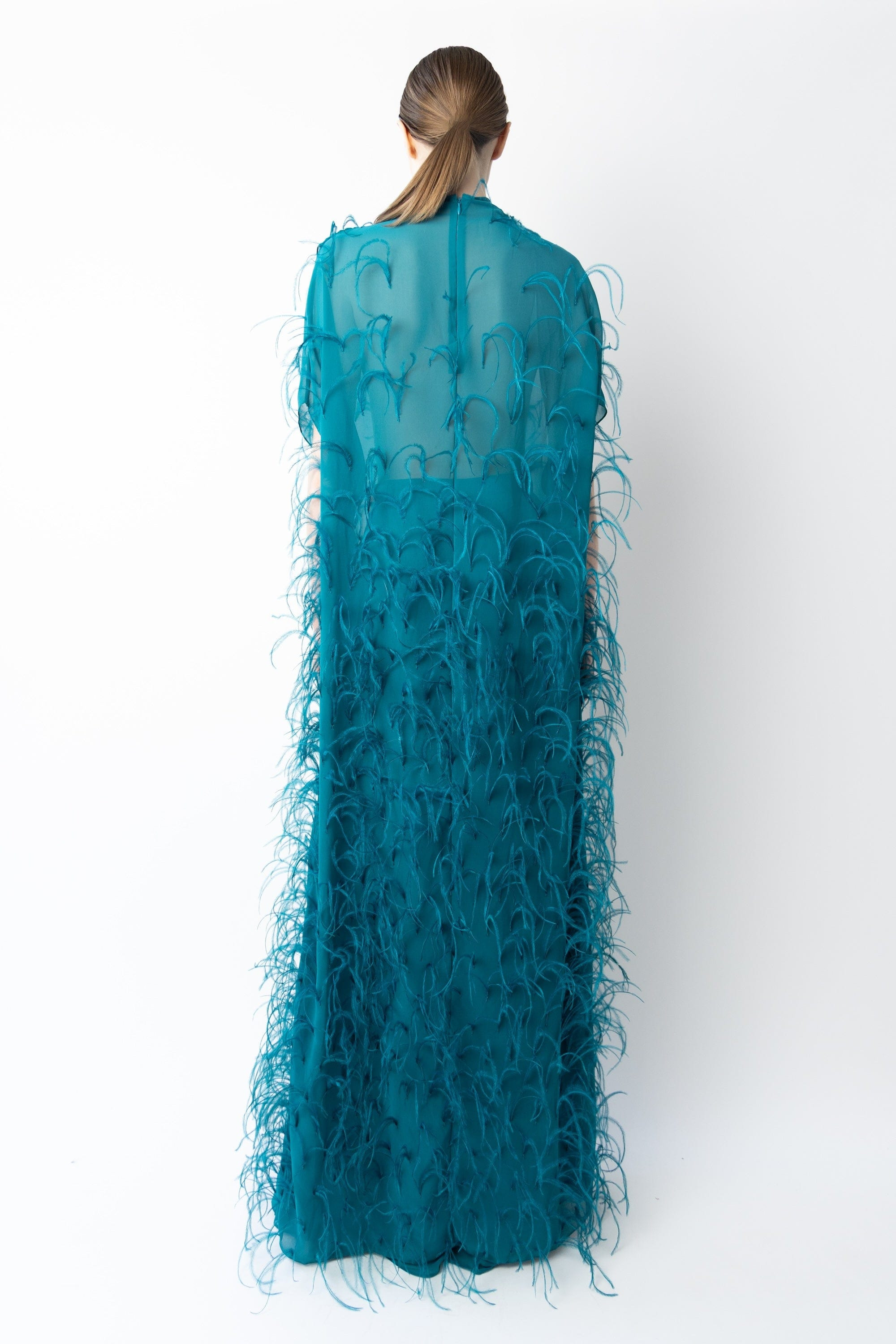 Lightweight Georgette Mock Neck Maxi Top With Feathers - 3