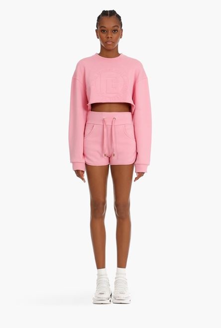 Cropped light pink sweatshirt with embossed Balmain logo - 4