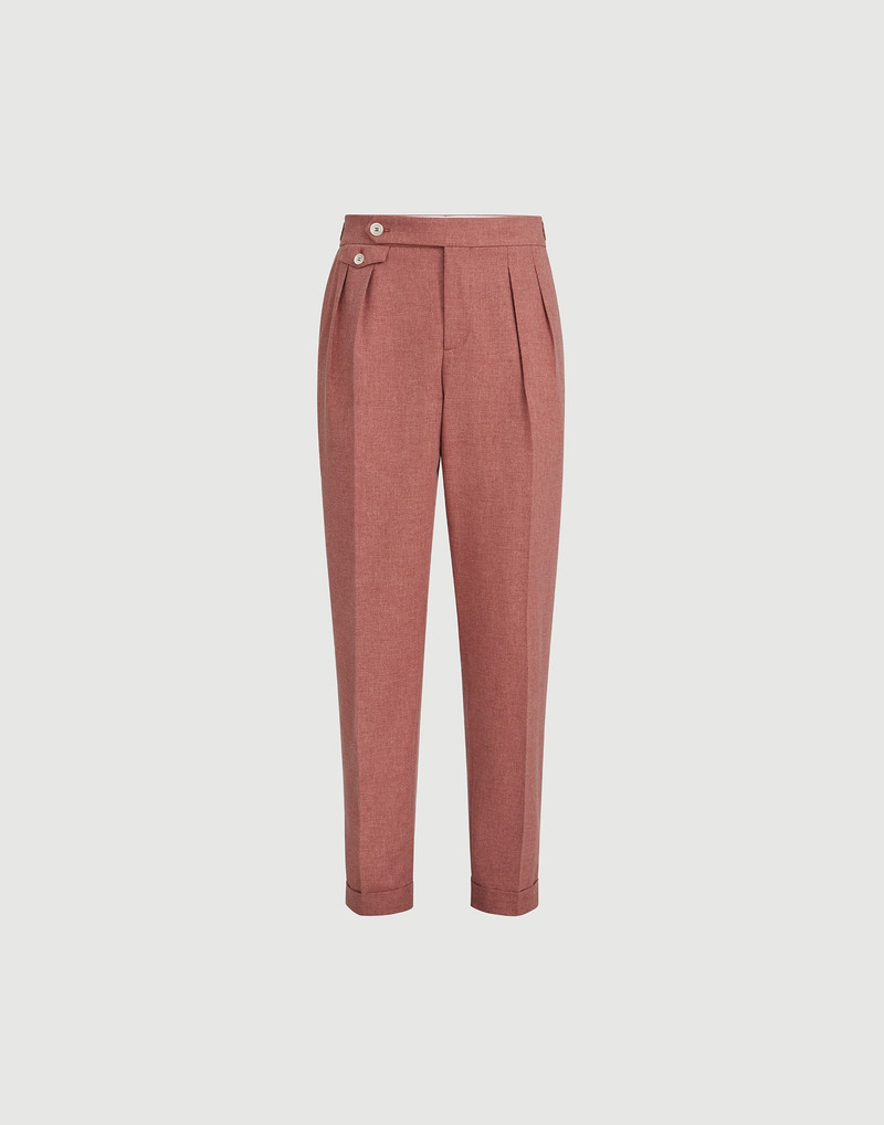 Virgin wool, cotton and silk mouliné trousers with reversed double pleats and waist tabs 1