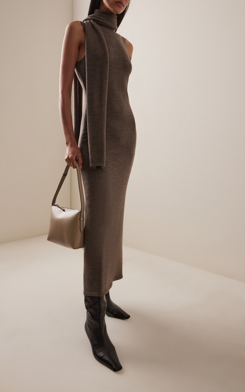 STAUD Canal Scarf-Neck Wool Midi Dress brown outlook