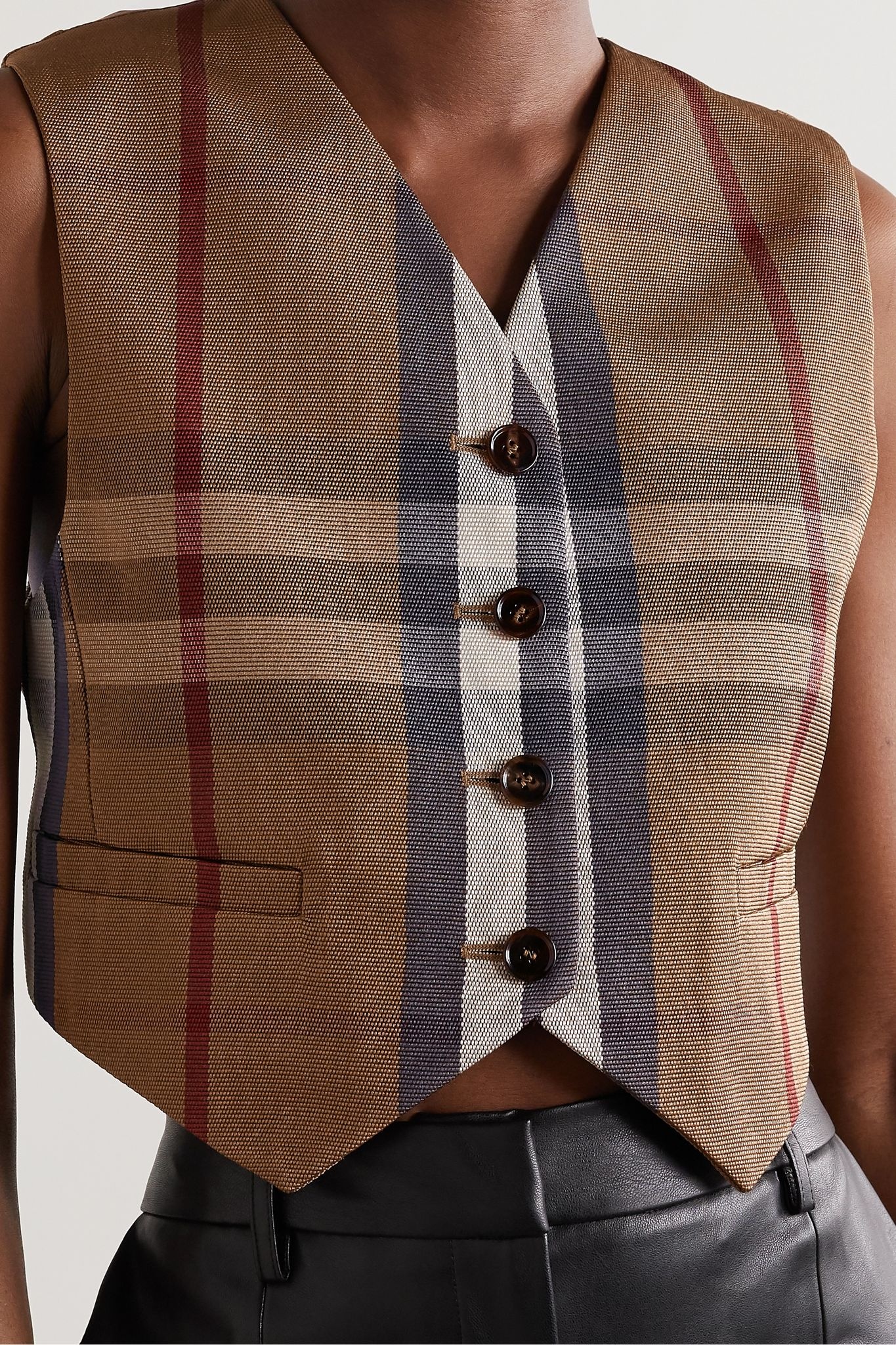 Cropped checked canvas and satin-jacquard vest - 3