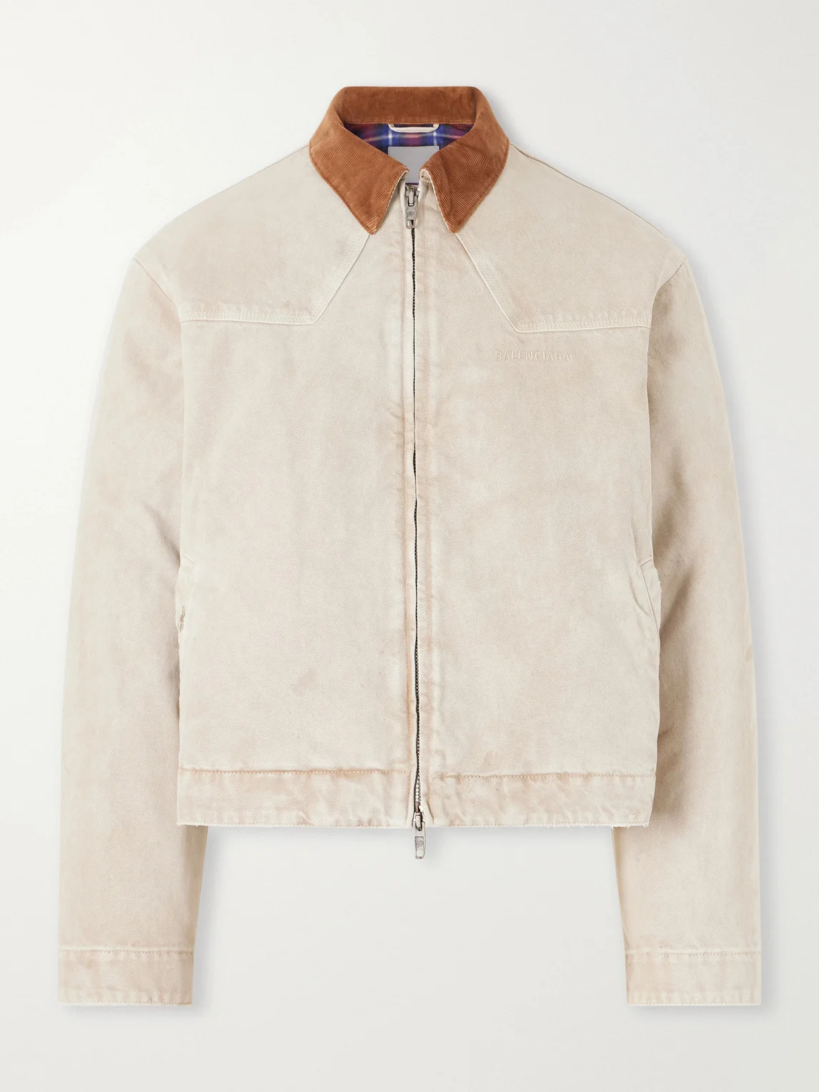 Logo-Embroidered Corduroy-Trimmed Paint-Splattered Denim Jacket - 1