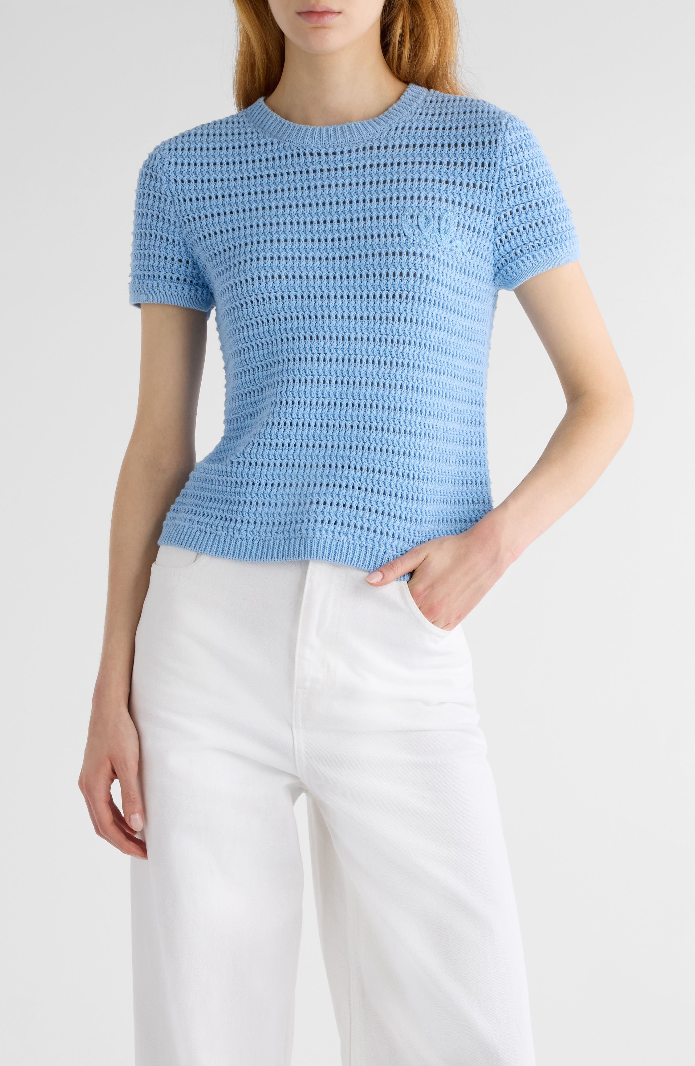 Chloé Open Knit Short Sleeve Organic Cotton Sweater in Softy Blue at Nordstrom - 1