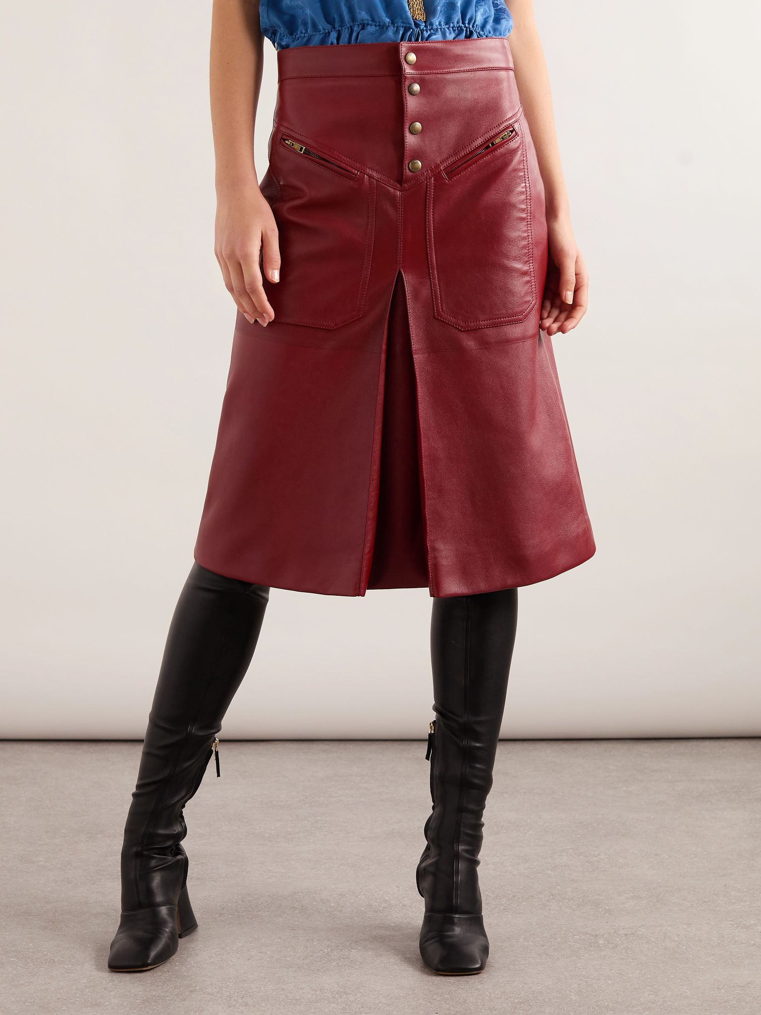 Pleated paneled leather midi skirt Burgundy - 3